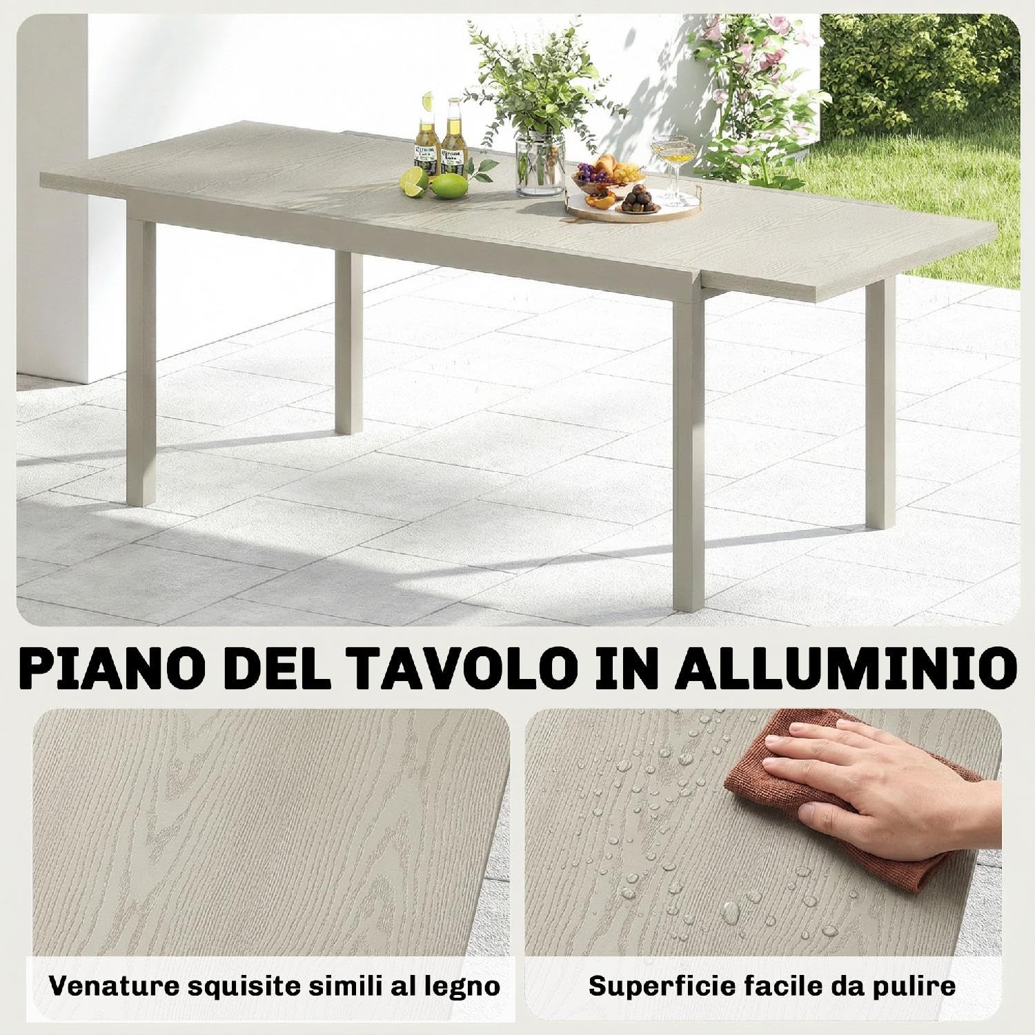 Tavolo da Esterno Giardino, Allungabile, Rettangolare, In Alluminio/Acciaio, 154-214x85x75 cm, Grigio Chiaro
