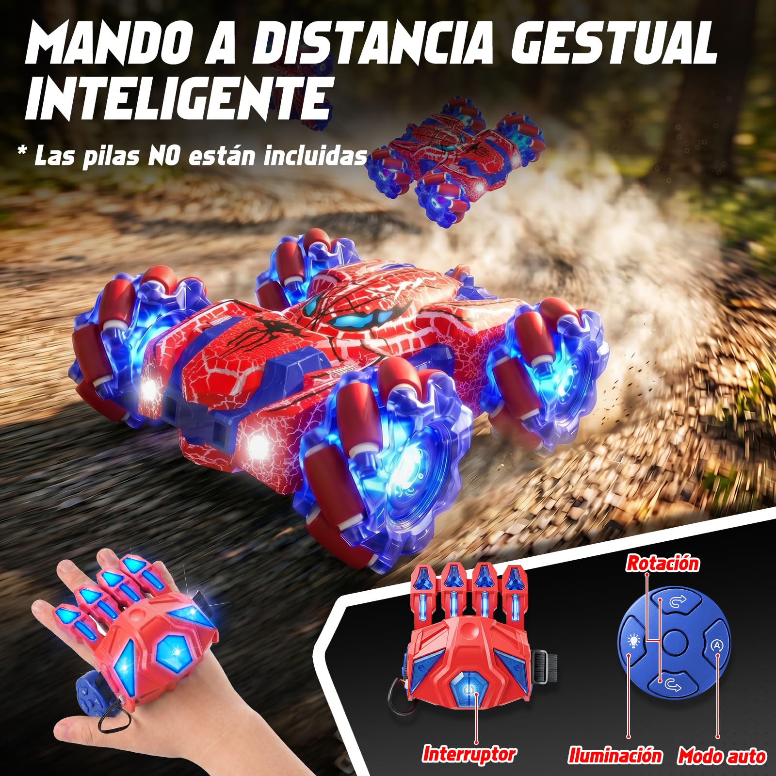 Spider Coche Teledirigido con Reconocimiento de Gestos a Partir de 4 5 6 7 8 9 10 11 12 años, Coches RC Doble Cara con Iluminación Completa, 2,4 GHz Coche Stunt RC Recargable con Mando a (Rojo)