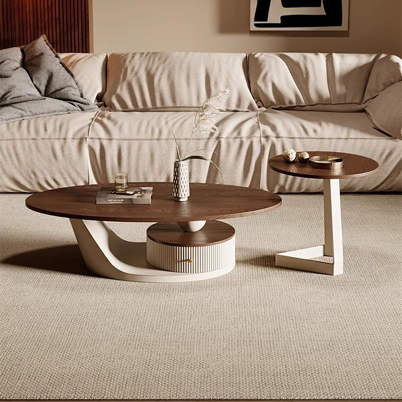 SXZenSpace Wood Nesting Coffee Table,Mid Century Oval Center Table Set of 2 with Side End Metal Frame for Living Room Dining Room,A,100cm(39")+45cm(18")