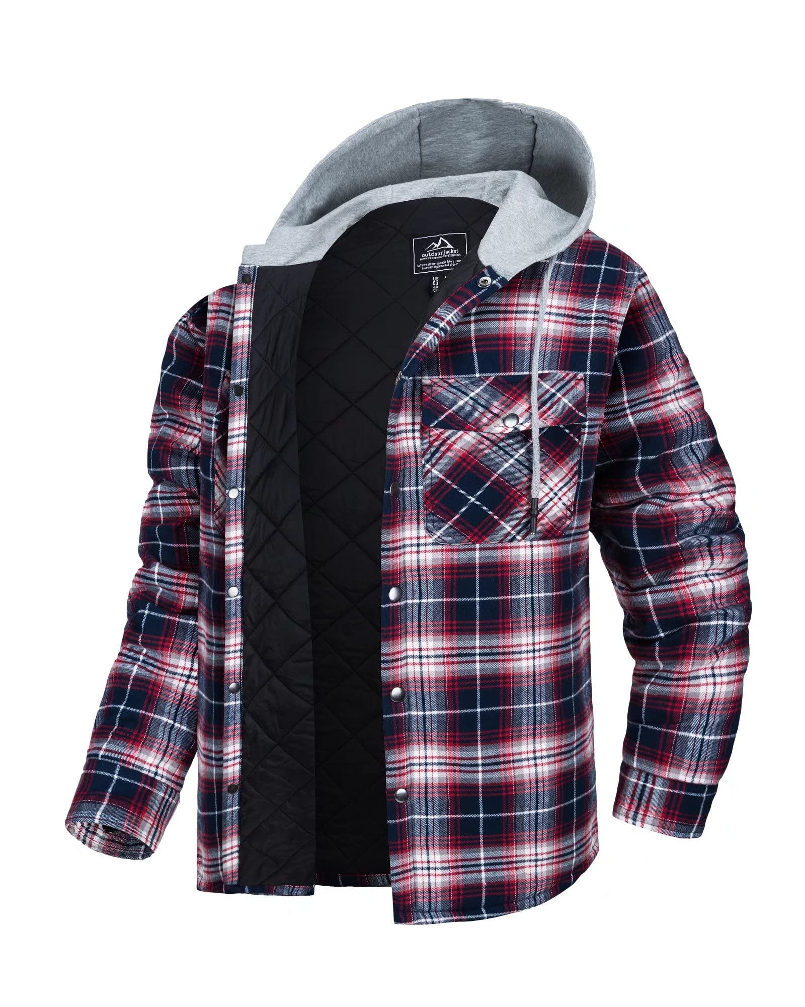 MAGCOMSENMen's Quilted Lined Flannel Hoodie Jacket Cotton Button Down Shirt Jacket Long Sleeve Plaid Shirt Shacket