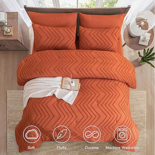 Miniatura 7 de Andency Juego de edredón tamaño Queen color naranja quemado, 7 piezas de cama bohemia de terracota copetudo en una bolsa, juego de ropa de cama