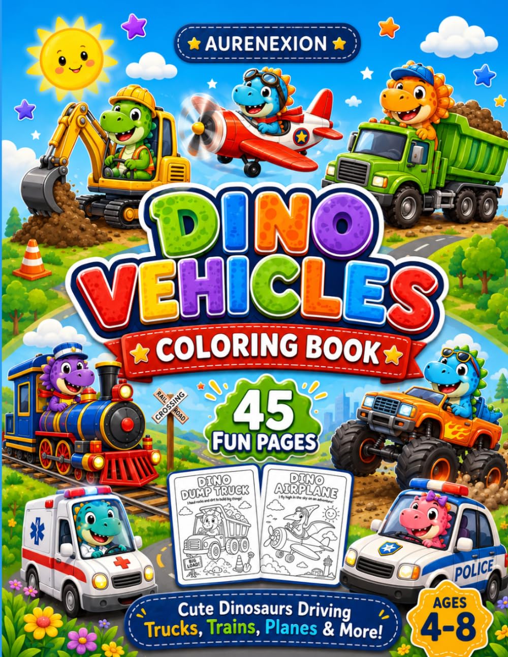 Dino Vehicles Coloring Book: Cute Dinosaurs Driving Trucks, Trains, Planes & More — 45 Fun Pages for Kids Ages 4–8 (AURENEXION Cute Animals Collection)
