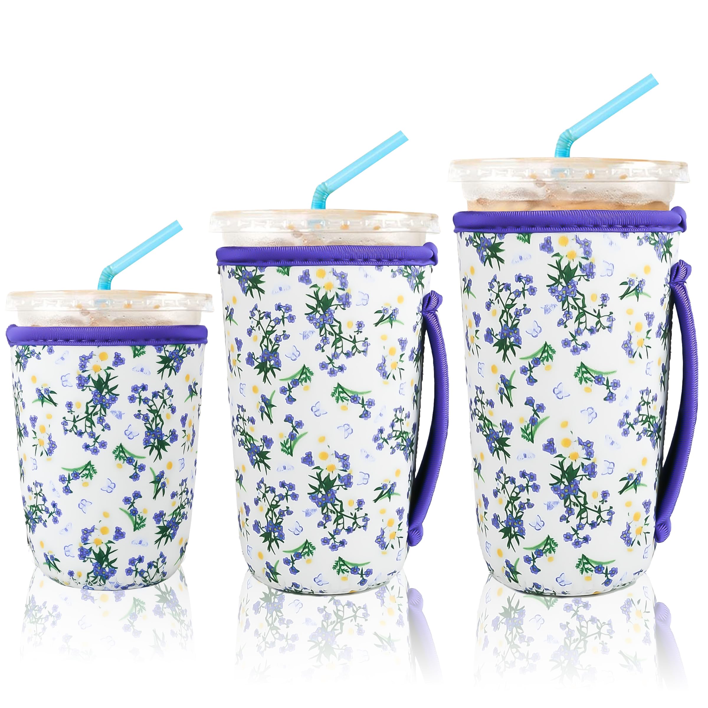 KJQJLY 3 Pac Reusable Iced Coffee Sleeves for Iced Coffee Cups or Drinks Reusable Neoprene Insulated Sleeves for Hot and Cold Drinks from Starbucks, Dunkin, And More (Little Orchid)