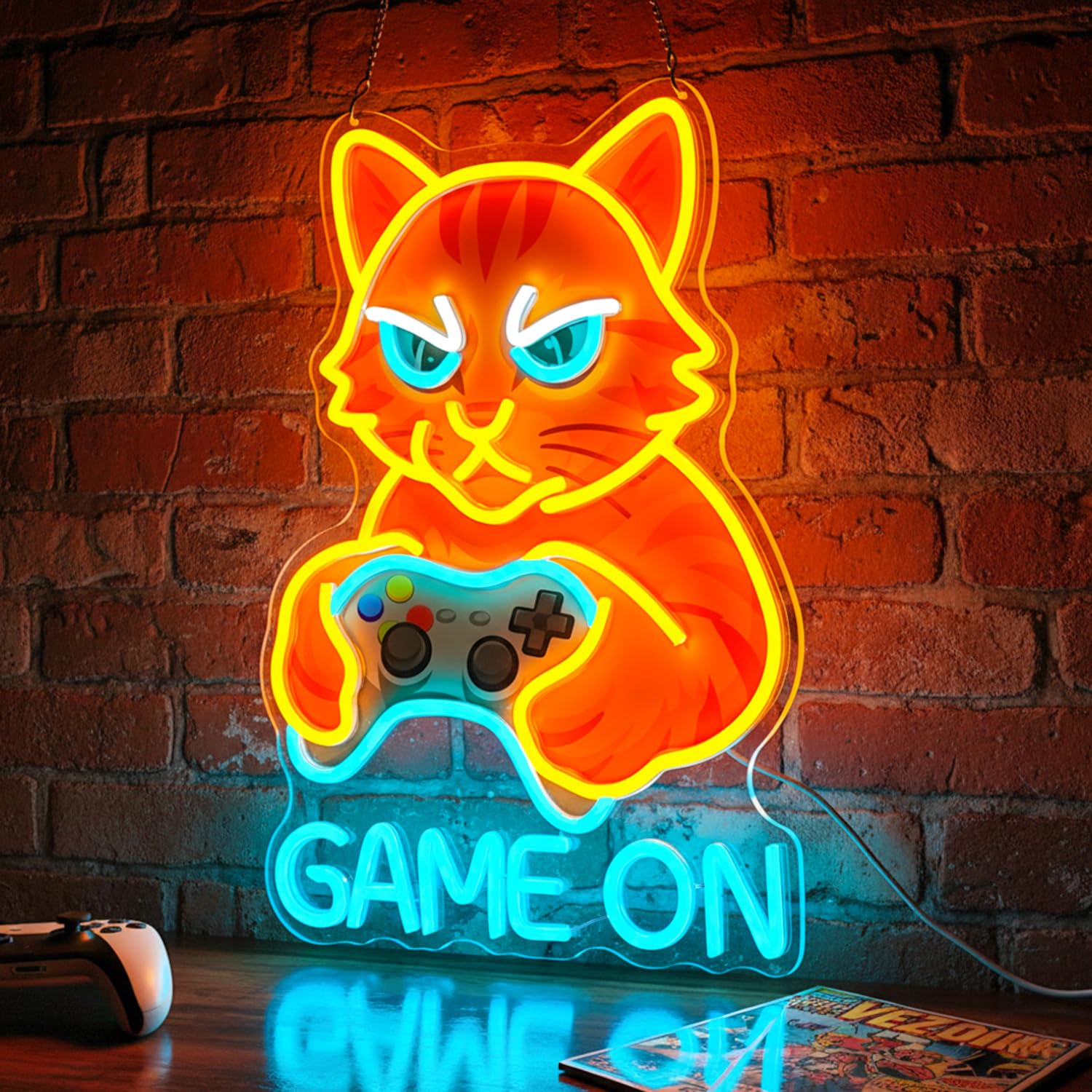 Insegne luminose del gatto, GAME ON Insegna al neon, Gatto con controller Insegne al neon a LED per sala giochi, Lampada da parete al neon USB per giocatori, regalo di gioco per giocatori
