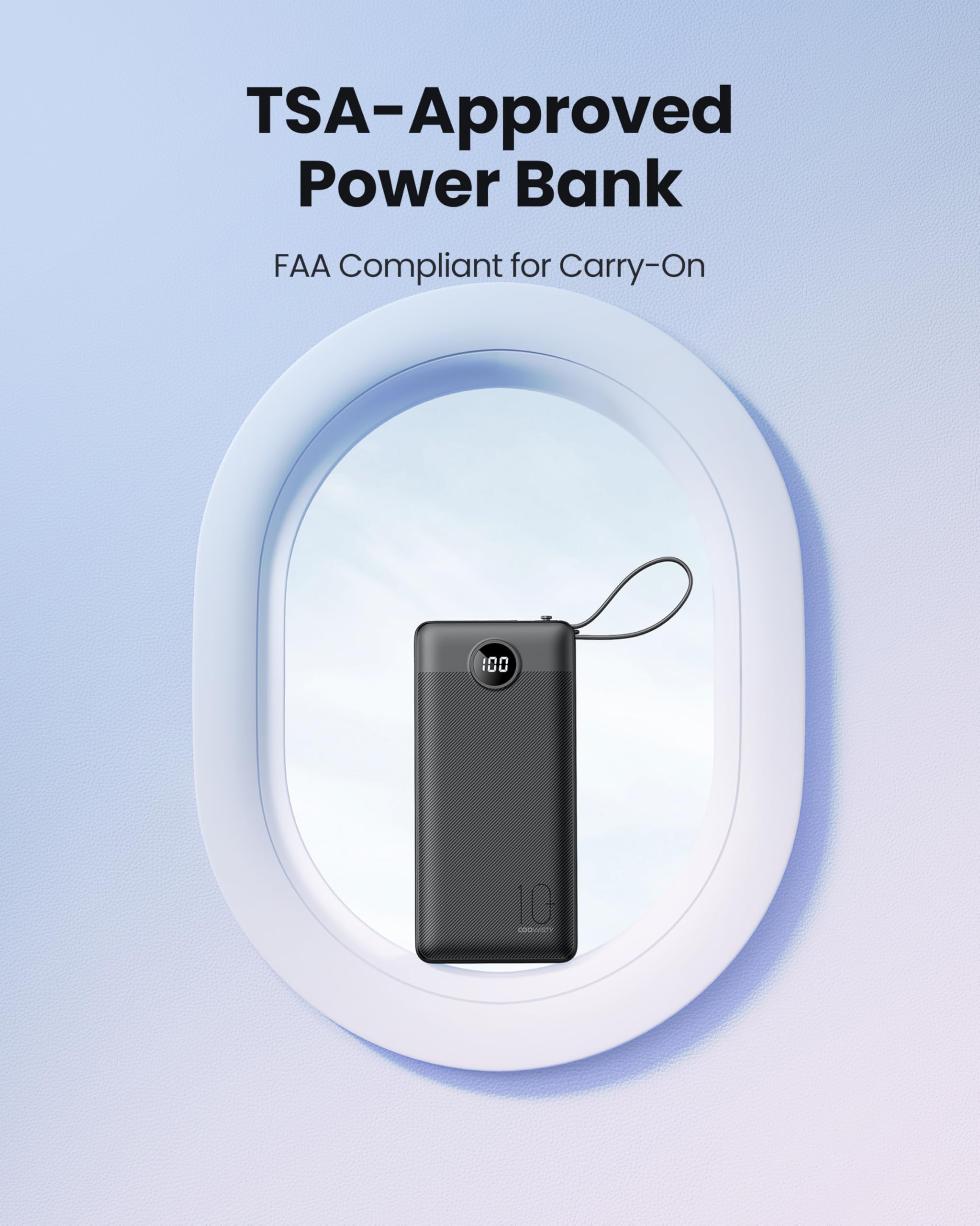 Portable Charger with Built in Cables, Slim 10000mAh Power Bank with USB C, External Battery Pack 5 Outputs 2 Inputs LED Display Compatible with iPhone/Android & More (Black)