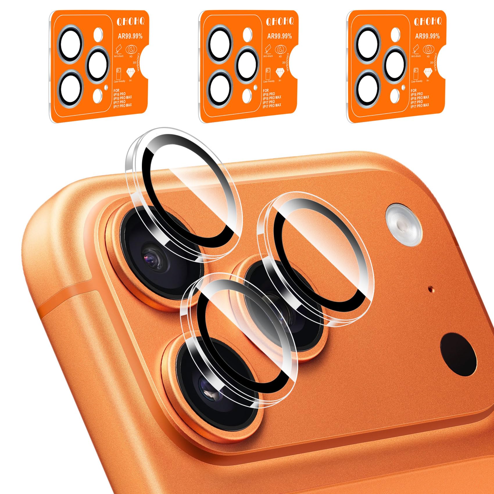 QHOHQ 3 Pezzi Protezione Fotocamera per iPhone 16 Pro Max/16 Pro/15 Pro Max/15 Pro/17 Pro Max/17 Pro, Top 9H+ Vetro Temperato, [15 Piedi Antiurto di Grado Militare], Auto-Install 1s - Trasparente