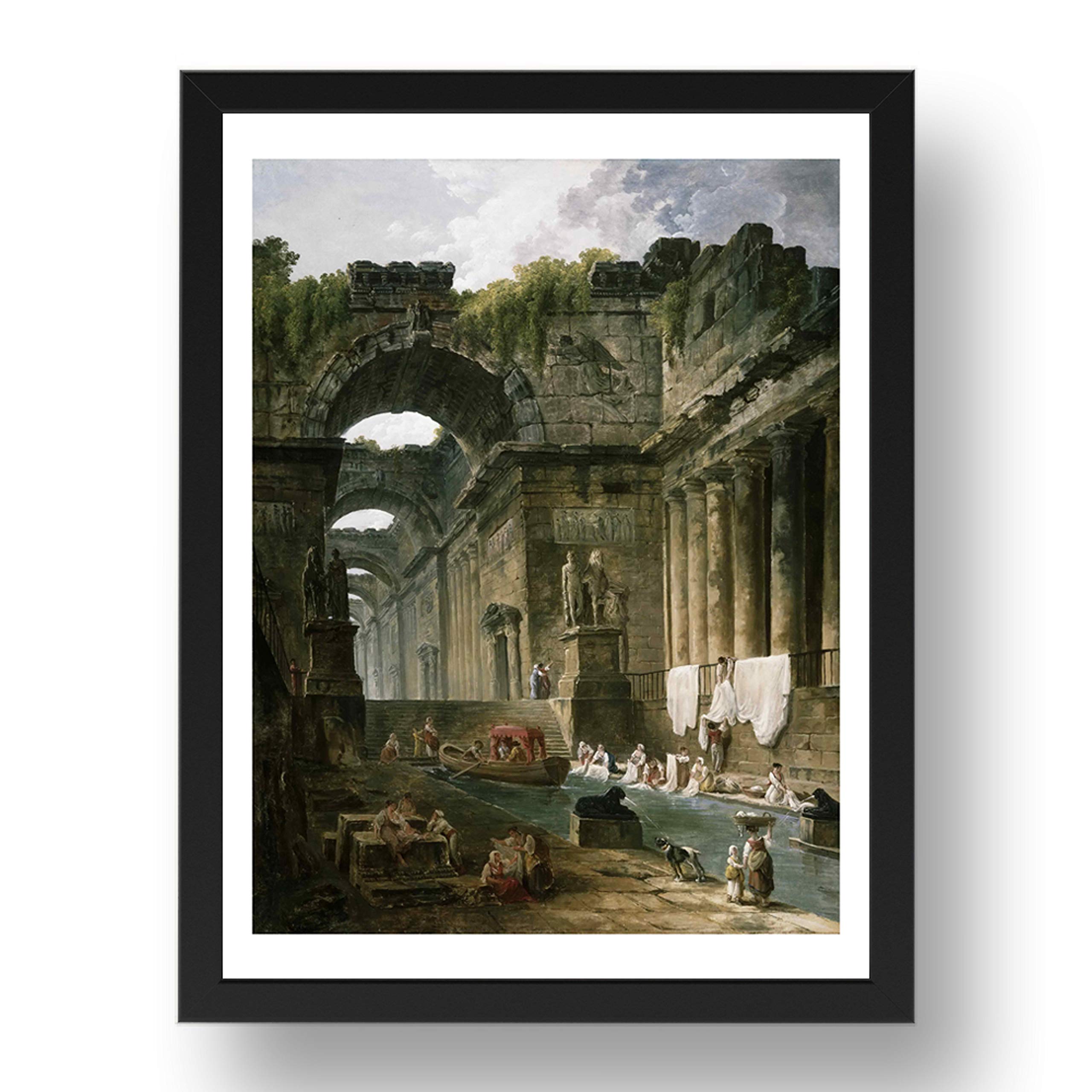 Period Prints Hubert Robert, Ruins of a Roman Bath w Washerwomen, vintage art, A3 reproduction in 17x13 Black Frame