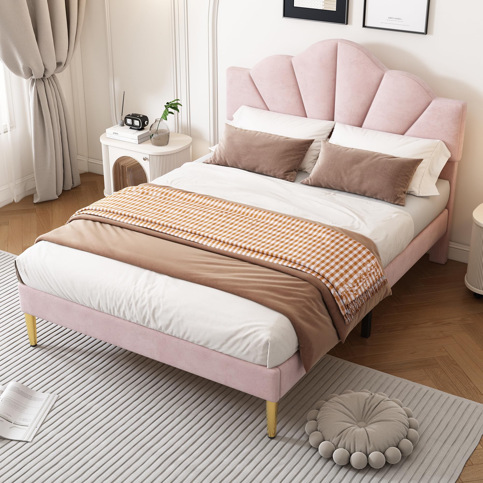 Oyemige Upholstered Bed, Double Bed 5ft, 150x200 cm Velvet Shell-like Bed With Golden Iron Legs, Height-adjustable Headboard, Wooden Slatted Frame for Bedroom Living Room, Pink, Without Mattress