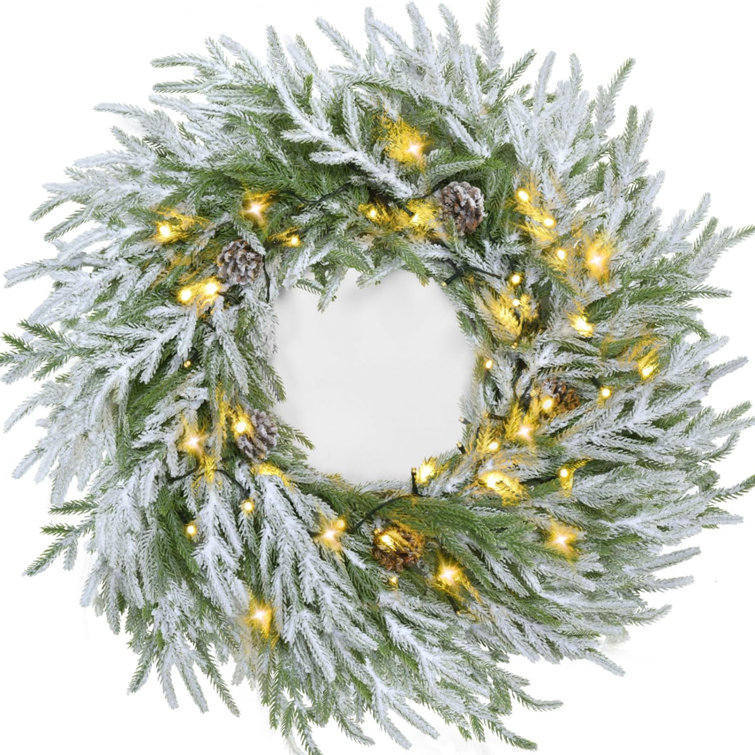 YoleShy22" Christmas Wreaths for Front Door Real Touch Norfolk Pine Wreath with Snow & Pinecone Outdoor Christmas Wreath Battery Operated with Timer for Window, Fireplace, Wall, Door Decor