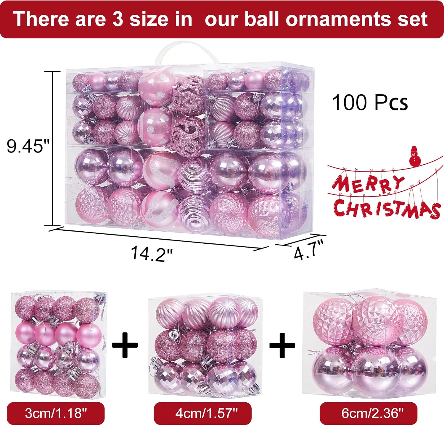 100PCS Christmas Ball Ornaments, Assorted Shatterproof Christmas Tree Decorations, Seasonal Decorative Hanging Baubles Decor Set for Xmas/Holiday/Party, Glitter&Painting Ornament Set (Pink)
