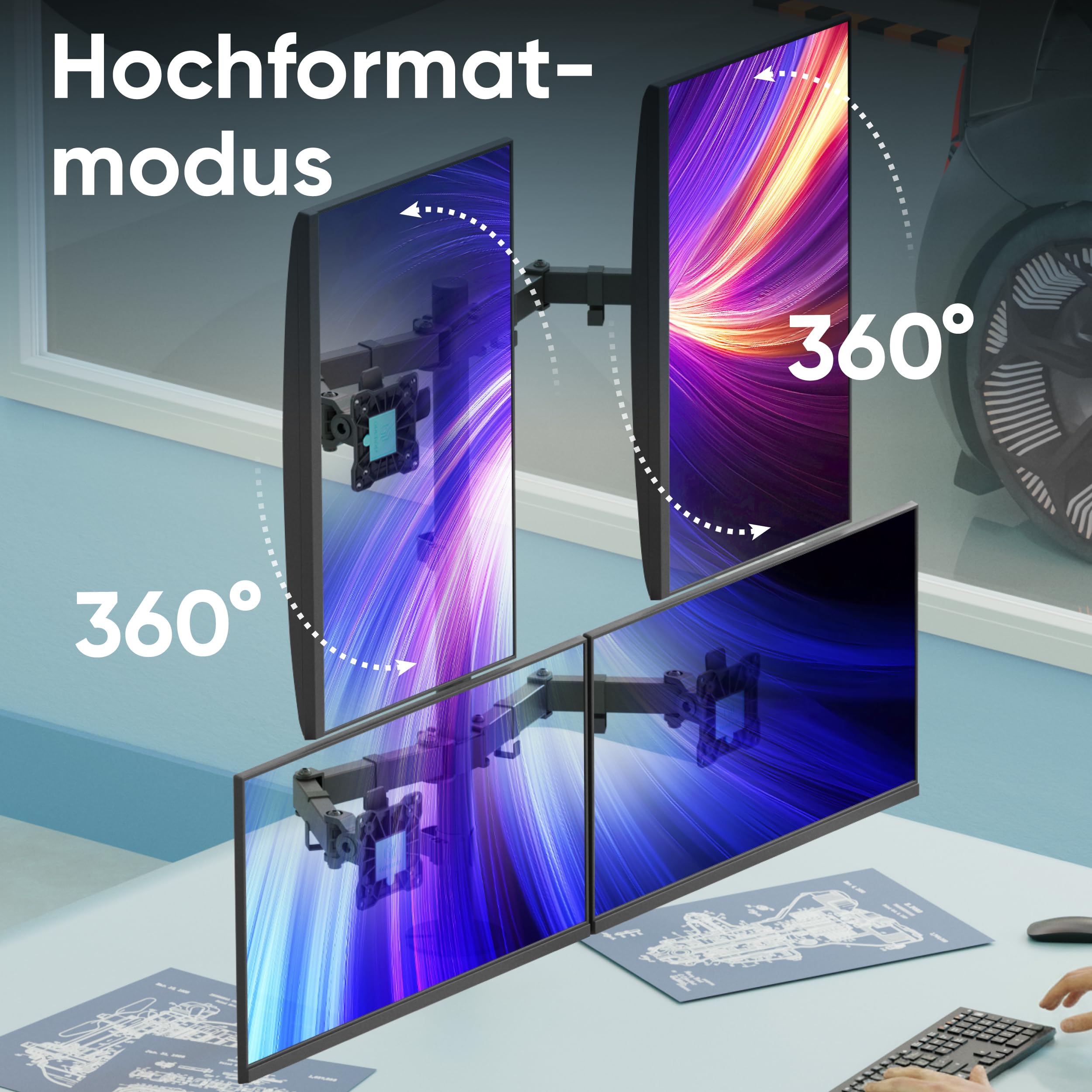 ONKRON 4-Fach Monitorhalterung 13-32", 8 kg (x4), max VESA 100x100, D421E-B | Monitorarm für 4 Bildschirme, bis 87 cm höhenverstellbar, schwenkbar, drehbar, Klemm-/Bohrmontage; für Büro & Multitasking