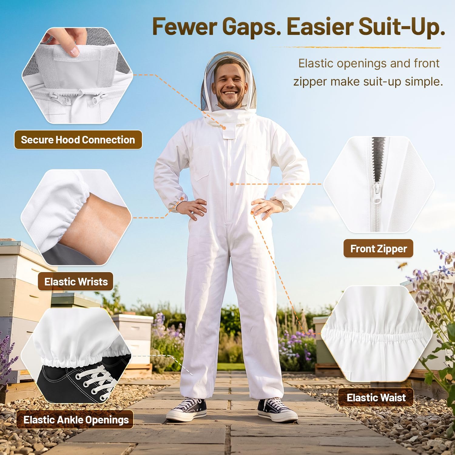 Flexzion Tuta per apicolture, Costume Protettiva Corpo Intero per Apicoltore, Tuta da Lavoro per Donna Uomo, Attrezzatura con Cappuccio, Apicoltura Forniture autoportante Velo Tondo Animali (XXL)
