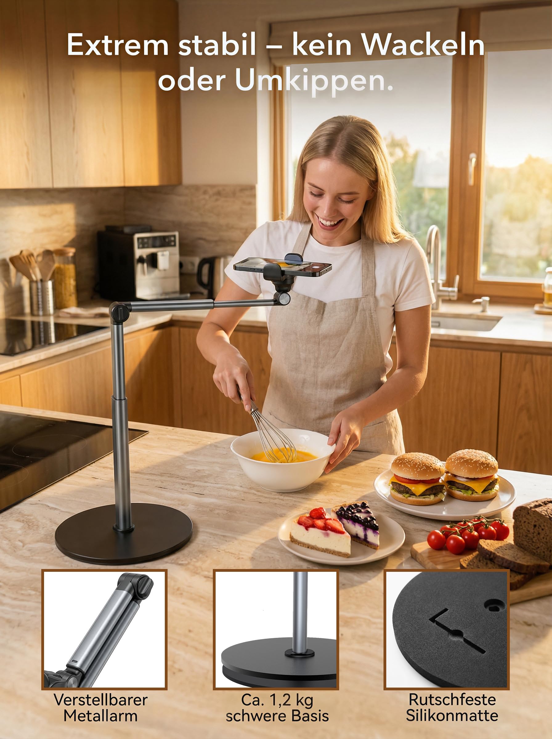 Overhead Stativ Handy mit Teleskoparm, Schweres Aluminium Tischstativ für Smartphone (28-81 cm Höhenverstellbar), 360° Drehbarer Handyhalter Tisch für Videoaufnahmen, Live-Streaming, Kochen & Zeichnen