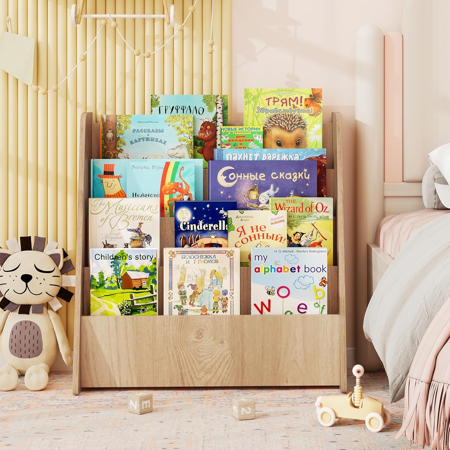 RELAX4LIFE Estantería Libros Infantil con 4 Estantes, Revistero de Madera, Mueble Estantería para Habitación Infantil y Guardería, Almacenaje Juguetes, Organizador Juguetes, 57,5x26,5x59cm (Natural)