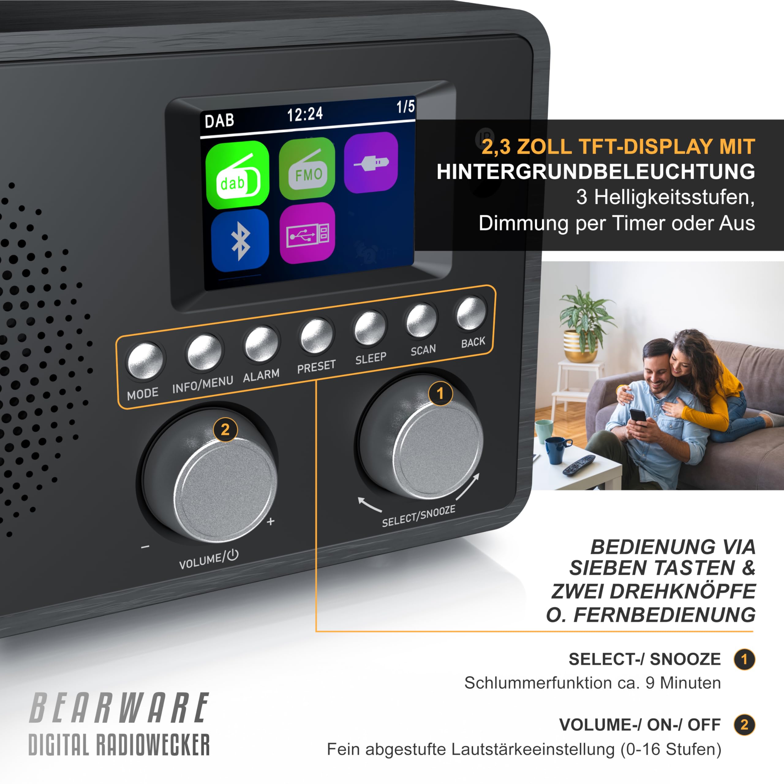 CSL - DAB+ Radio mit TFT Display und Fernbedienung - Bluetooth DAB Plus Radiowecker – DAB DAB+ FM-Radio – 40 Speicherplätze – Automatischer und manueller Suchlauf – Equalizer – USB-Datenport – AUX in