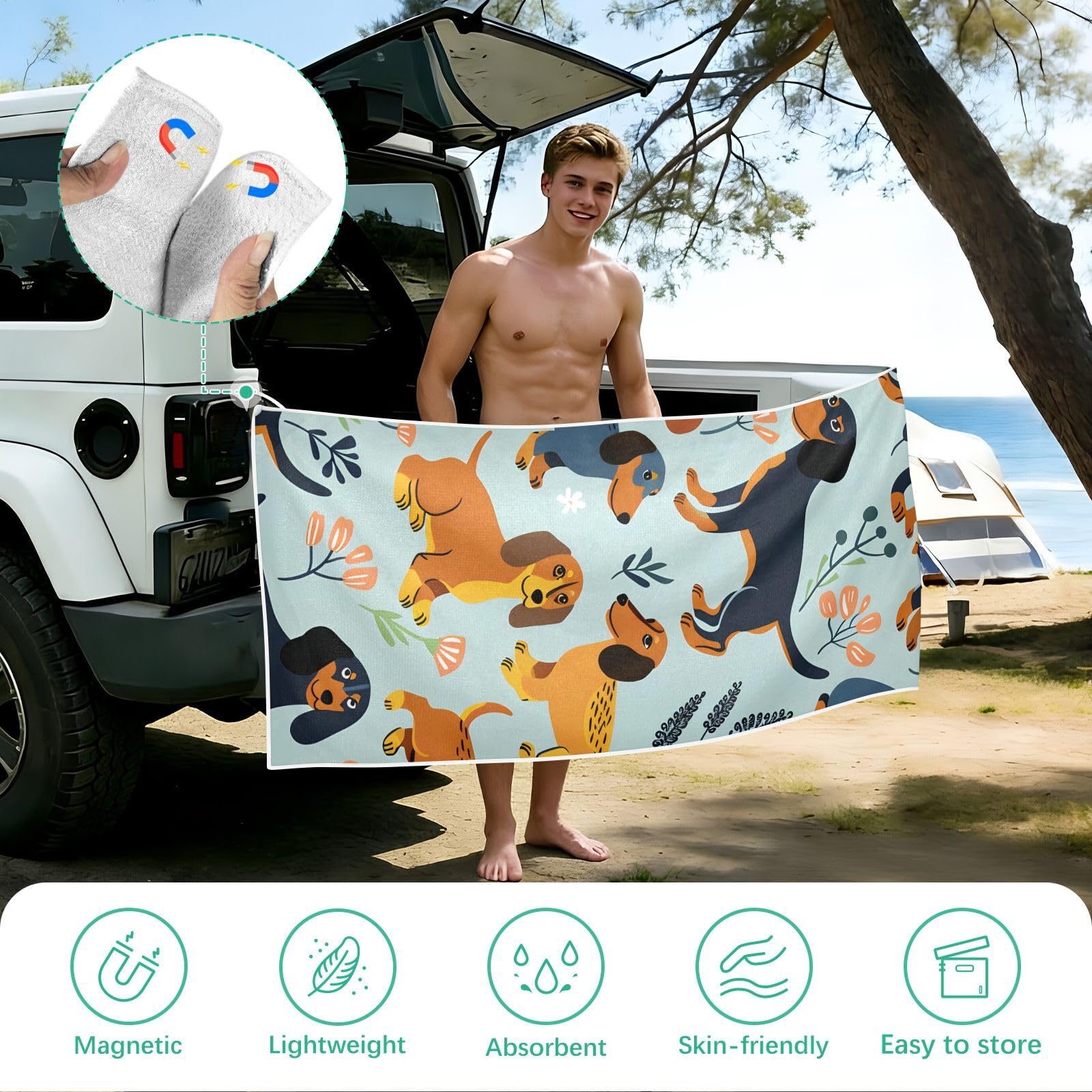 Toallas de playa grandes con bolsas de malla para adultos, toalla de baño de perros salchicha con cierre magnético, toalla absorbente de secado rápido para piscina, camping y viajes, 190 x 80 cm