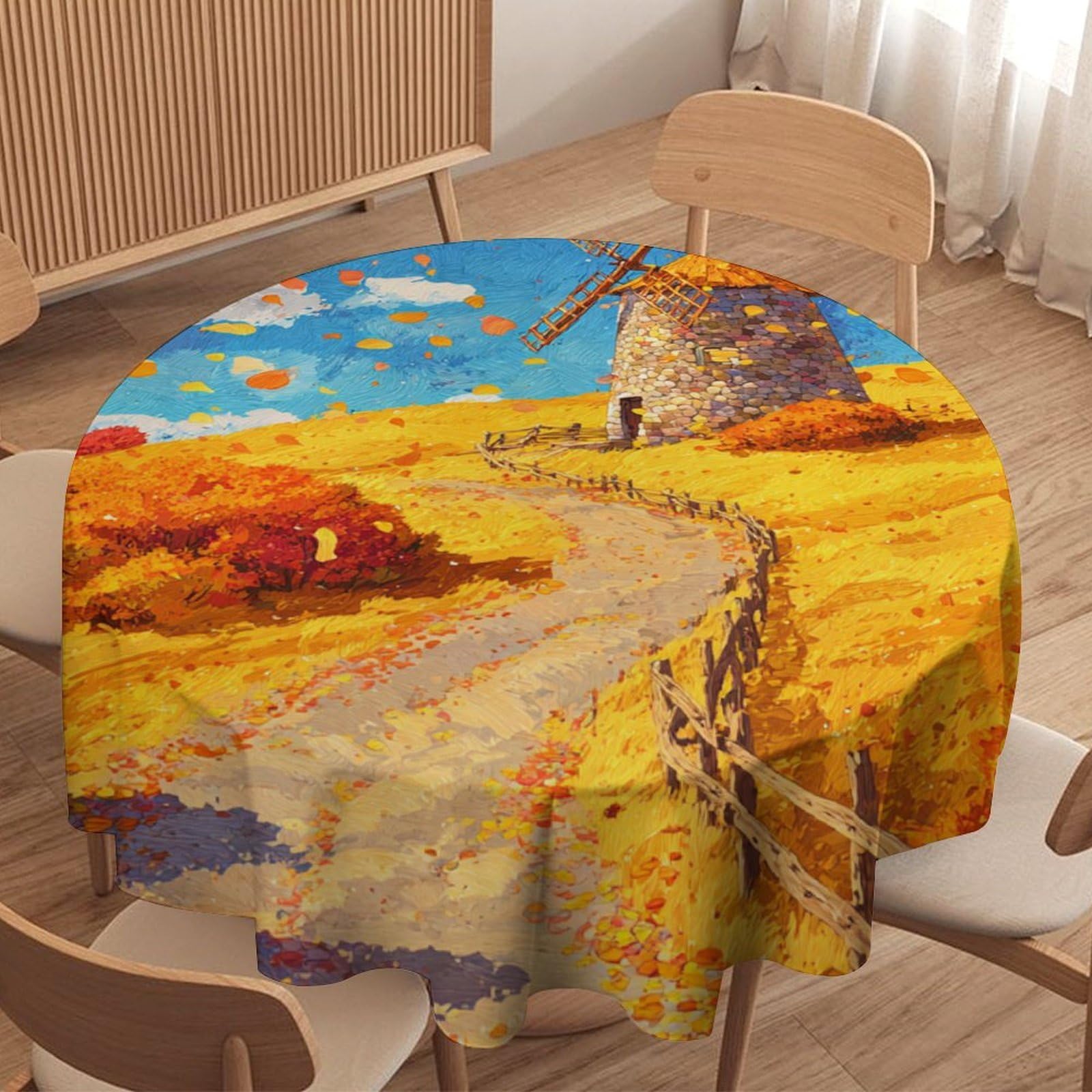 LUYYSKY Beautiful Western Fall Windmill Round Tablecloth Rustic Realistic Farmhouse Barn Autumn Leaves Pattern Washable Decor for Table Cover for Kitchen-91.4" Wx91.4 L cm