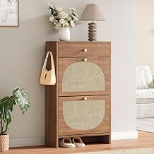 Nicetree Shoe Storage Cabinet for Entryway, Slim Shoe Rack with 2 Flip Drawers and Top Storage Drawer, Narrow Shoe Organizer with Arched Rattan Accent, Entryway Shoe Storage for Size 12+ Shoes, Black