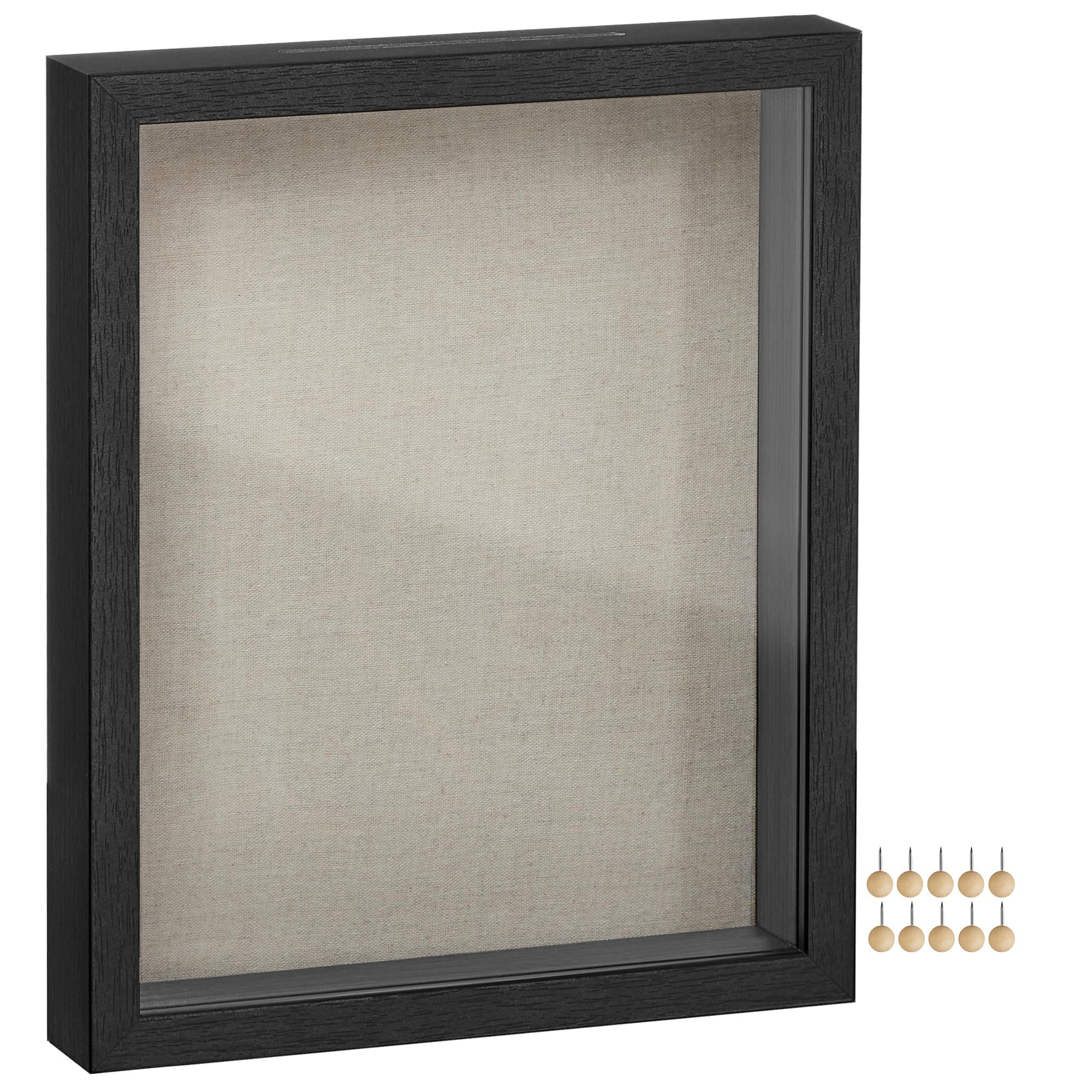 SONGMICS 11x14 Shadow Box Frame, Deep Box Frame with Top Slot and Push Pins, Picture Display Case, Linen Fabric Backing for DIY Craft, Glass Front, Gift Idea, Black URPF009B01