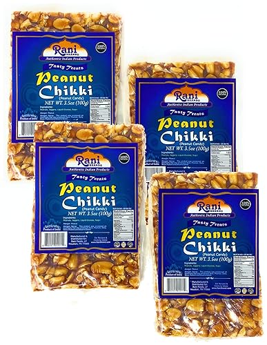 Rani Peanut Chikki (caramelo frágil) 3.5 onzas (3.53 oz) x paquete de 4 Todo natural Vegano Sin colores Apto para gluten Origen indio