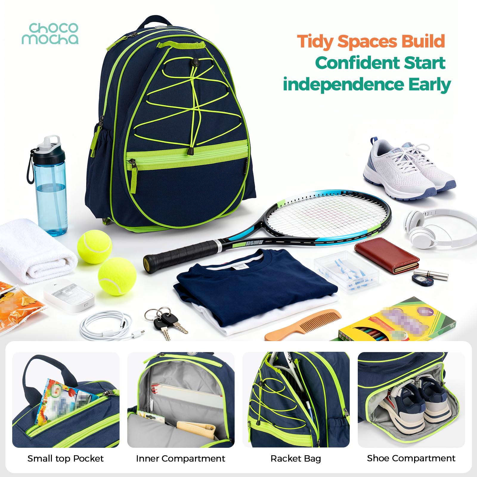 Choco Mocha Bolsa de tenis para niños, mochila de tenis para niños, bolsa de tenis junior de 16 pulgadas
