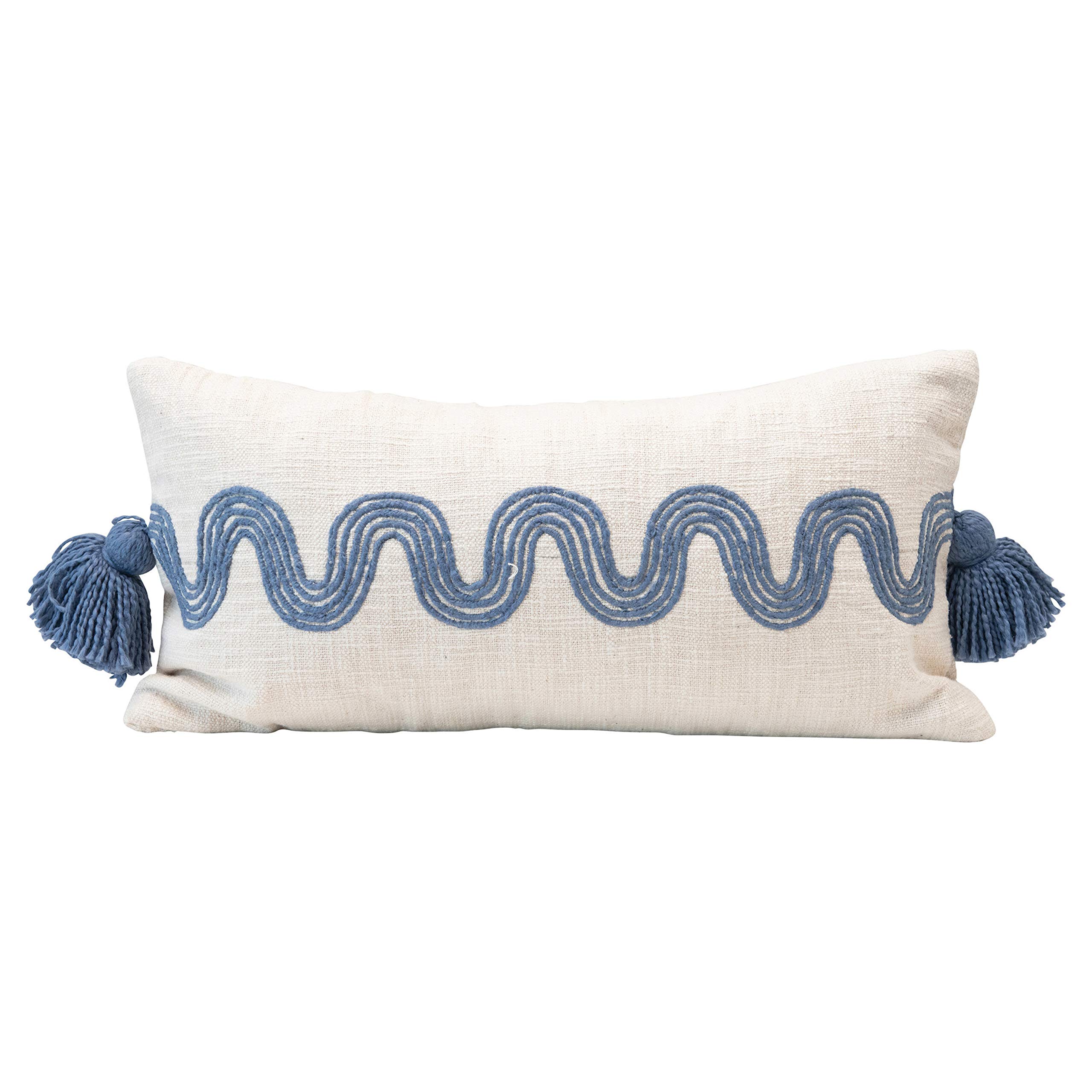 Creative Co-Op Cotton Lumbar Embroidered Curved Pattern & Tassels, Color & Blue Pillow, Cream & Blie