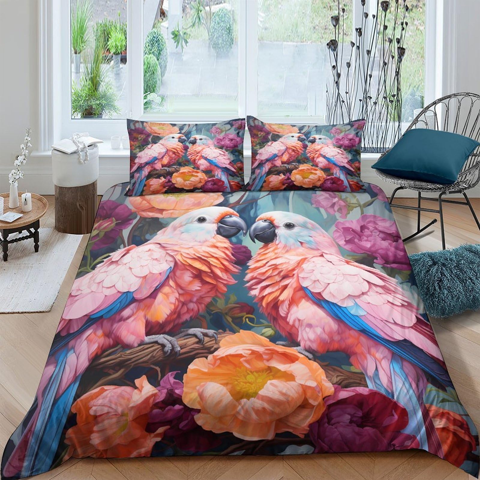 Ctjqhvkz Style-8 3D Printed Parrot Tropical Flower Fitted Sheet Microfiber Soft Bed Cover For Bedroom Dorm Decor Washable Single（135X200cm）