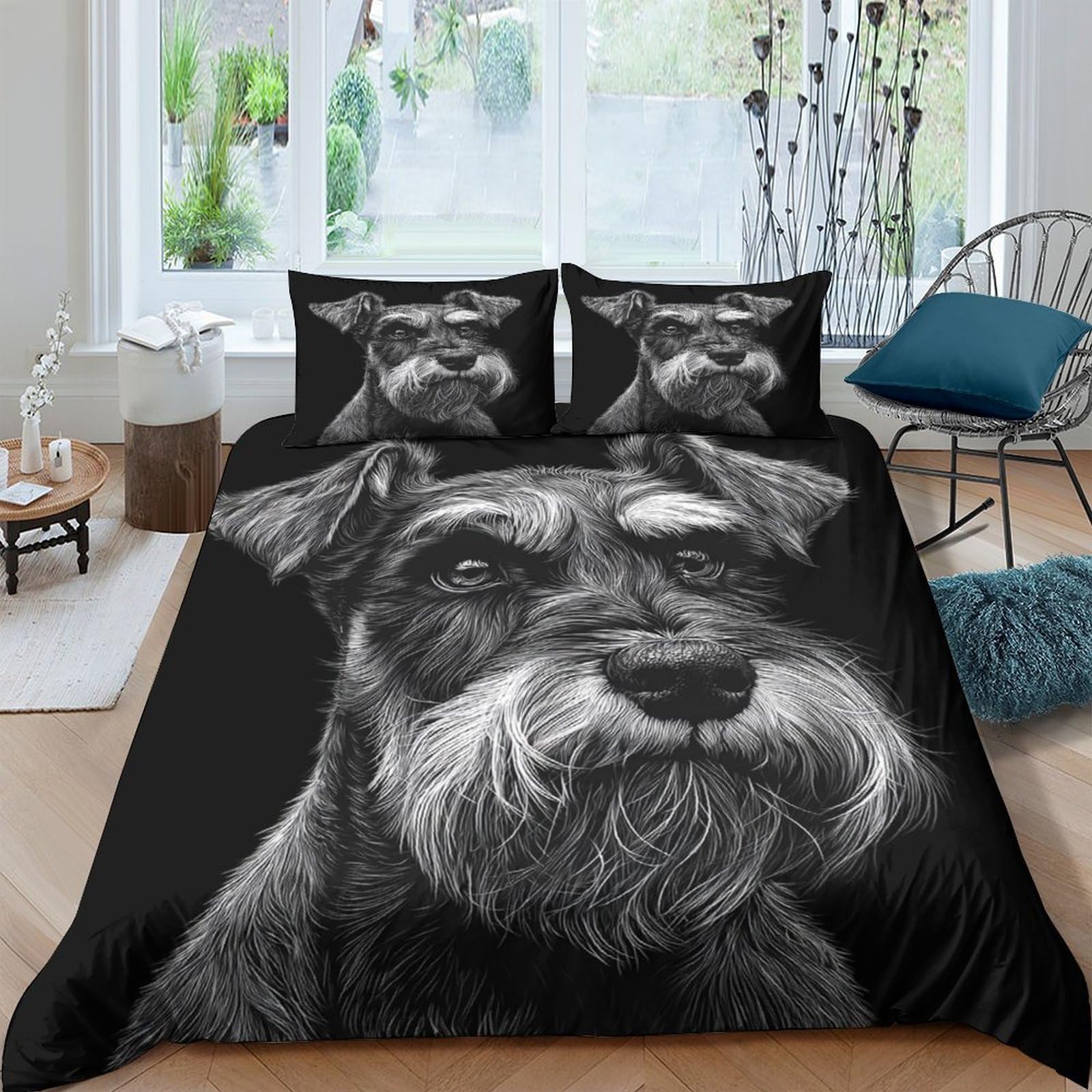 Ctjqhvkz Style-7 3D Printed Schnauzer Dog Fitted Sheet Microfiber Black White Pet Portrait Bed Cover For Bedroom Guestroom Mattress Protection Decor Single（135X200cm）