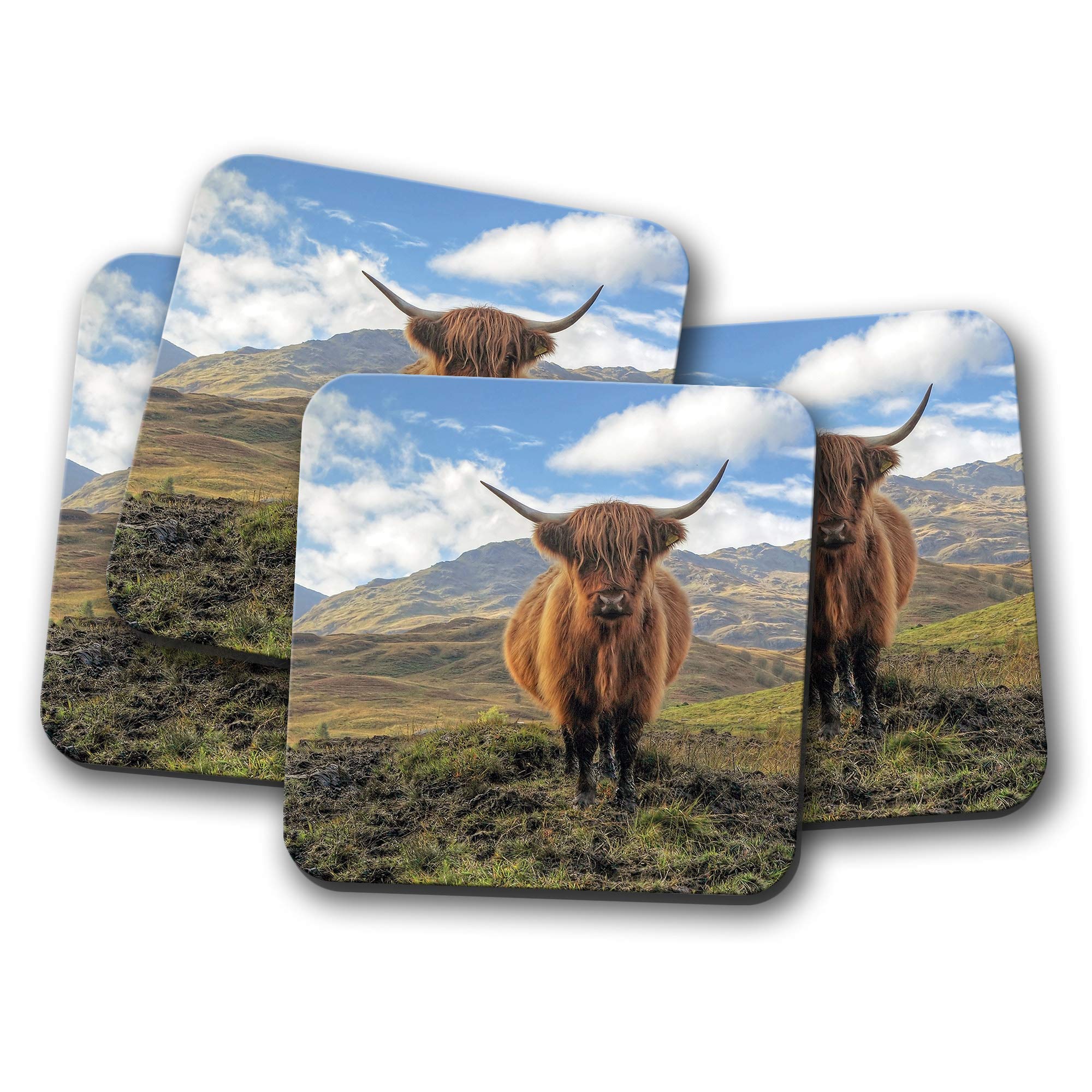 4 Set - Muddy Highland Cow Coaster - Cattle Bull Scotland Fun Animal #15818