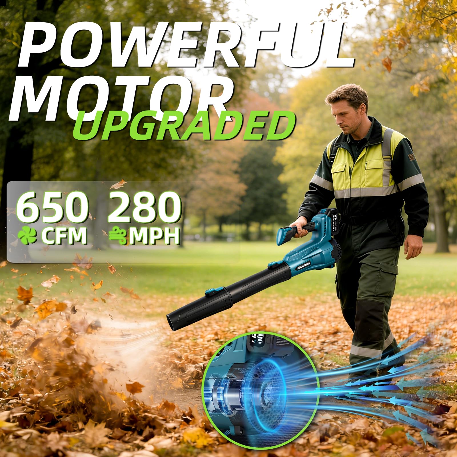 Soplador de hojas inalámbrico con 2 baterías de 4.0 Ah y cargador, 6 niveles de velocidad 650 CFM 180 MPH, soplador de hojas inalámbrico de 21 V, potentes sopladores de hojas ligeros para limpieza de