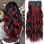 KooKaStyle Hair Extensions Black Mix Red Highlights 1B/113 Clip in Synthetic Highlight Hair Extensions Long Wavy 4PCS Thick Hairpieces 20 Inch for Women