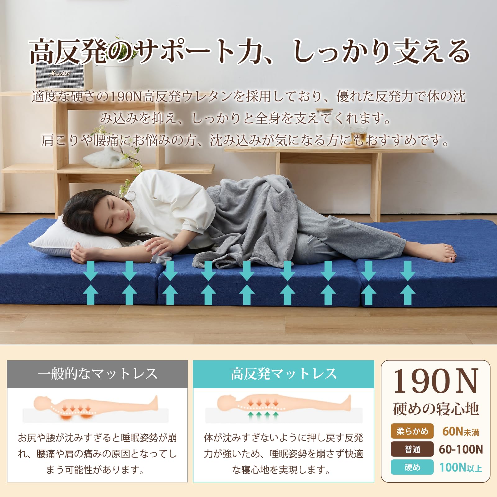 Amazon｜マットレス ダブル 三つ折り 極厚10cm 硬さ190N 24D高密度  