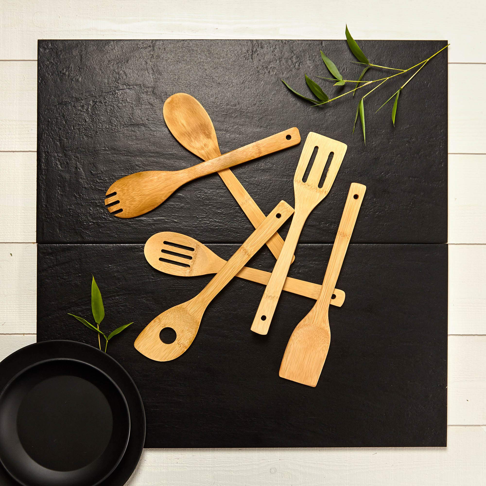 Set de utensilios de cocina sin plástico (6 unidades), 100% bambú | Cuchara de cocina, cucharón, espátula, juego de cucharas de cocina, utensilios de cocina, servidor de ensalada, cuchara