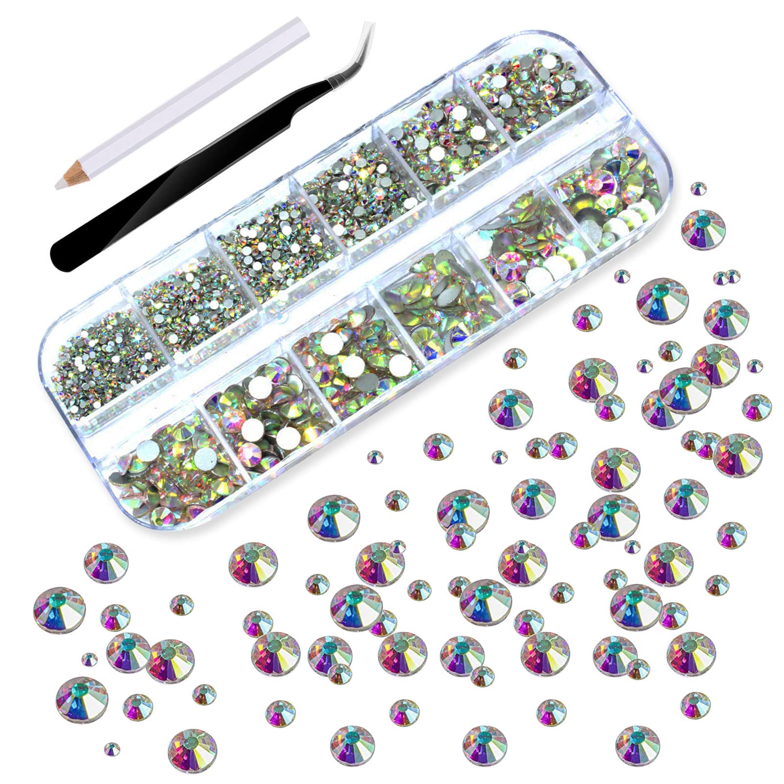 VIKSAUN 2000 Pieces Flat Back Gems Round Crystal Rhinestones with Pick Up Tweezer and Rhinestones Picking Pen, for DIY Manicure, Face, Art, Clothes, Bags,1.5 mm - 6 mm, 6 Sizes
