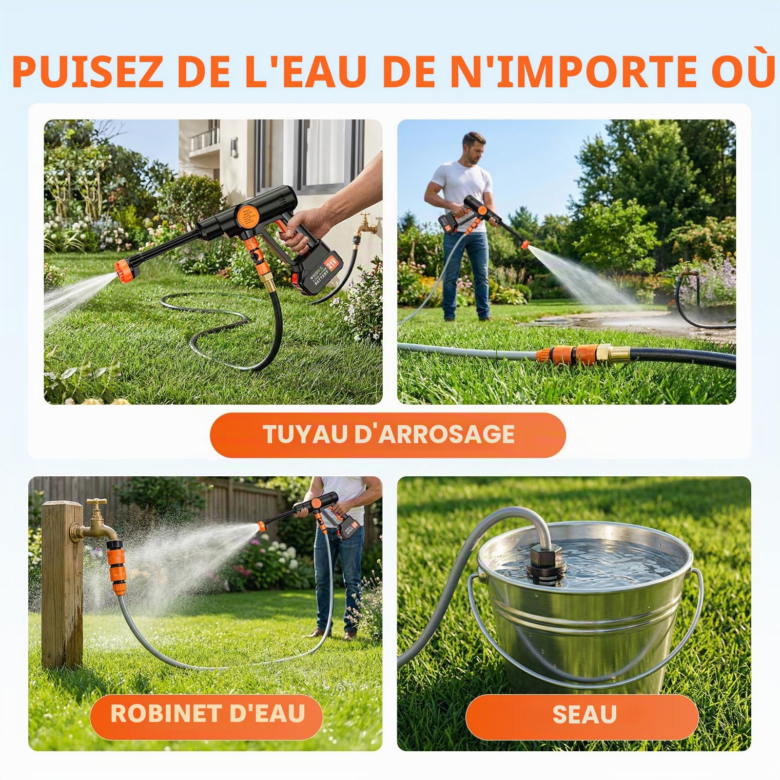Nettoyeur Haute Pression sans Fil 2X 3000mAh Nettoyeur Haute Pression sur Batterie Portable, 6 en 1 Buse, 5M Tuyau et Boîte de Rangement pour Voiture, Jardin, Terrasse, Maison, Arrosage