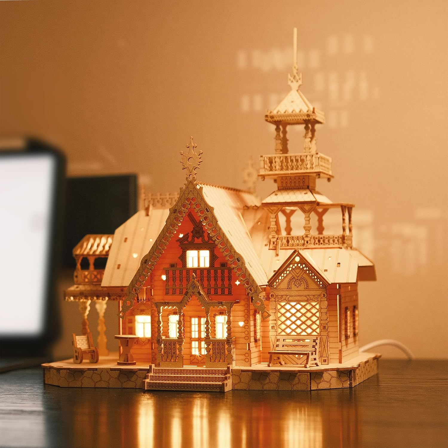 LED Wooden Vintage Villa Model - USB Powered Night Light, 3D Puzzles for Adults, Stress Relief DIY Building Kit, Home Desk Decor, Thanksgiving