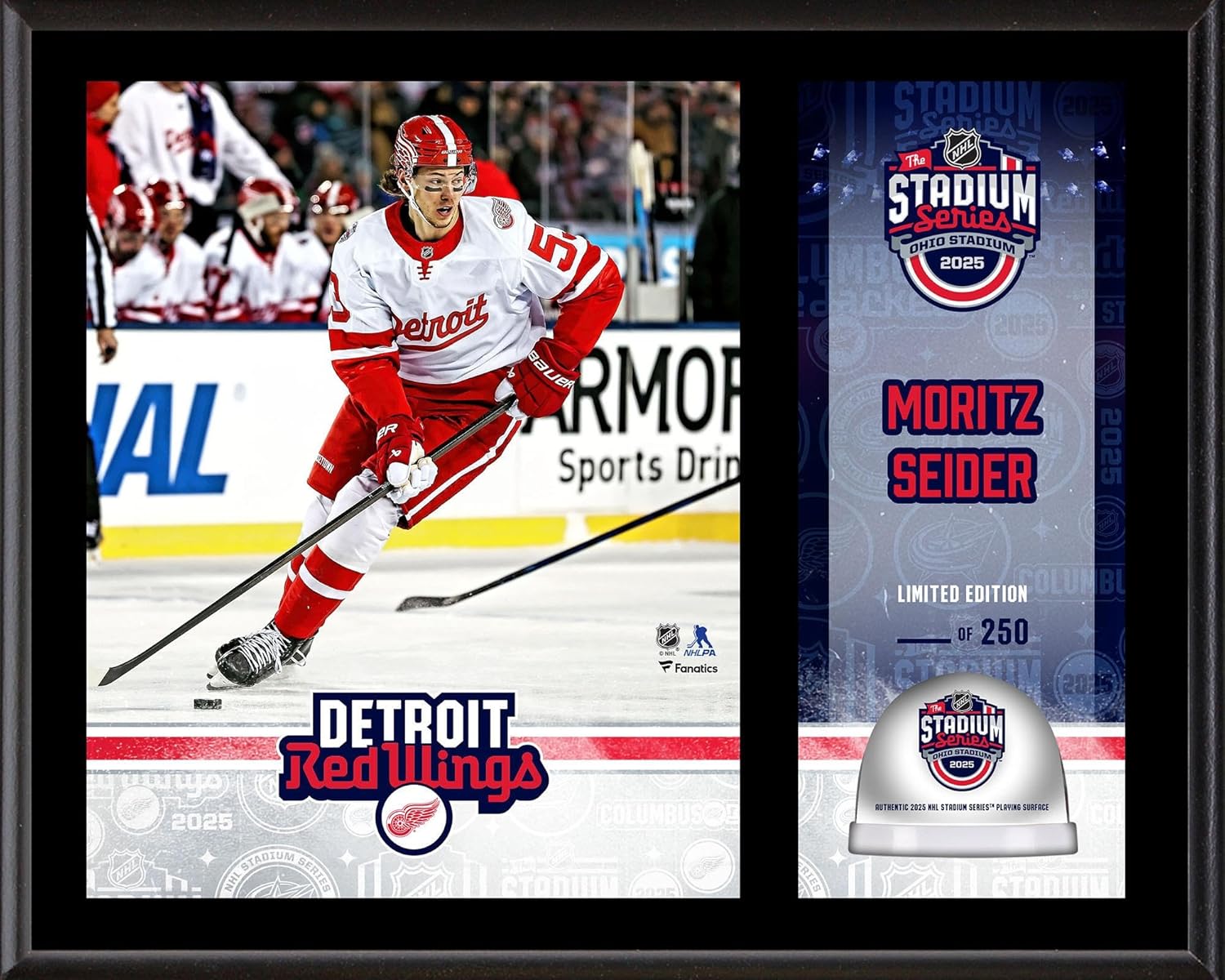Moritz Seider Detroit Wings 2025 NHL Stadium Series 12" x 15" Sublimated Plaque with Game-Used Ice - Limited Edition of 250 - NHL Game Used Ice Collages