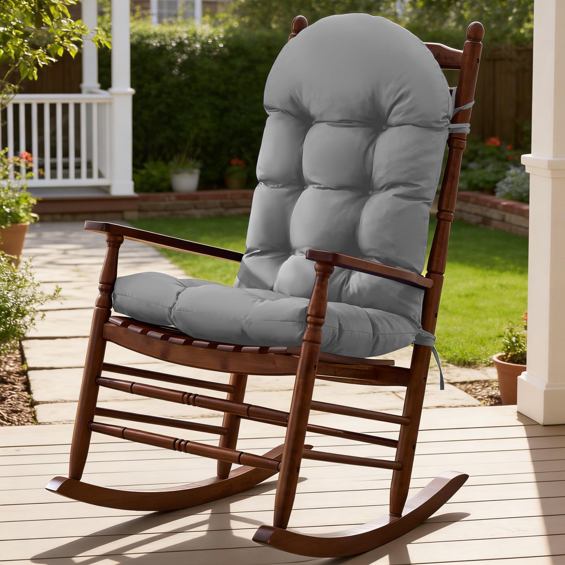 Photo 1 of Rocking Chair Cushions, Indoor/Outdoor Adirondack Chair Cushion, Waterproof and Fade-Resistant Rocking Chairs Pads, Non-Slip Tufted High Back Patio Chairs Cushion with Ties, 44x19x4 Inch, Light Grey