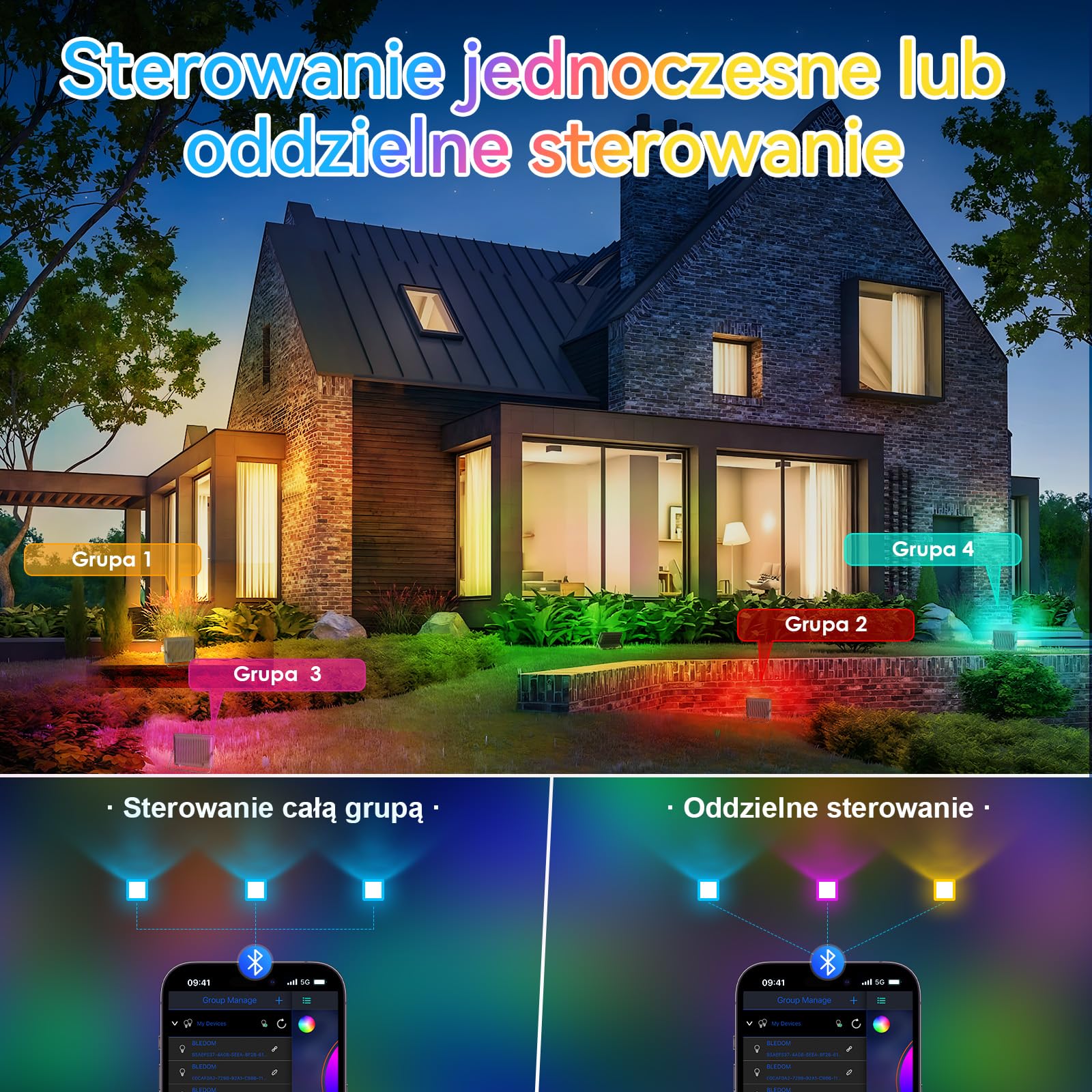 2 Pack 100W RGB LED Reflektory, Dimmable LED Flood Light Sterowanie Aplikacją Bluetooth i Pilotem 2.4G, 16 Milionów Kolorów, Synchronizacja Muzyki, Timer, IP66, 10000LM