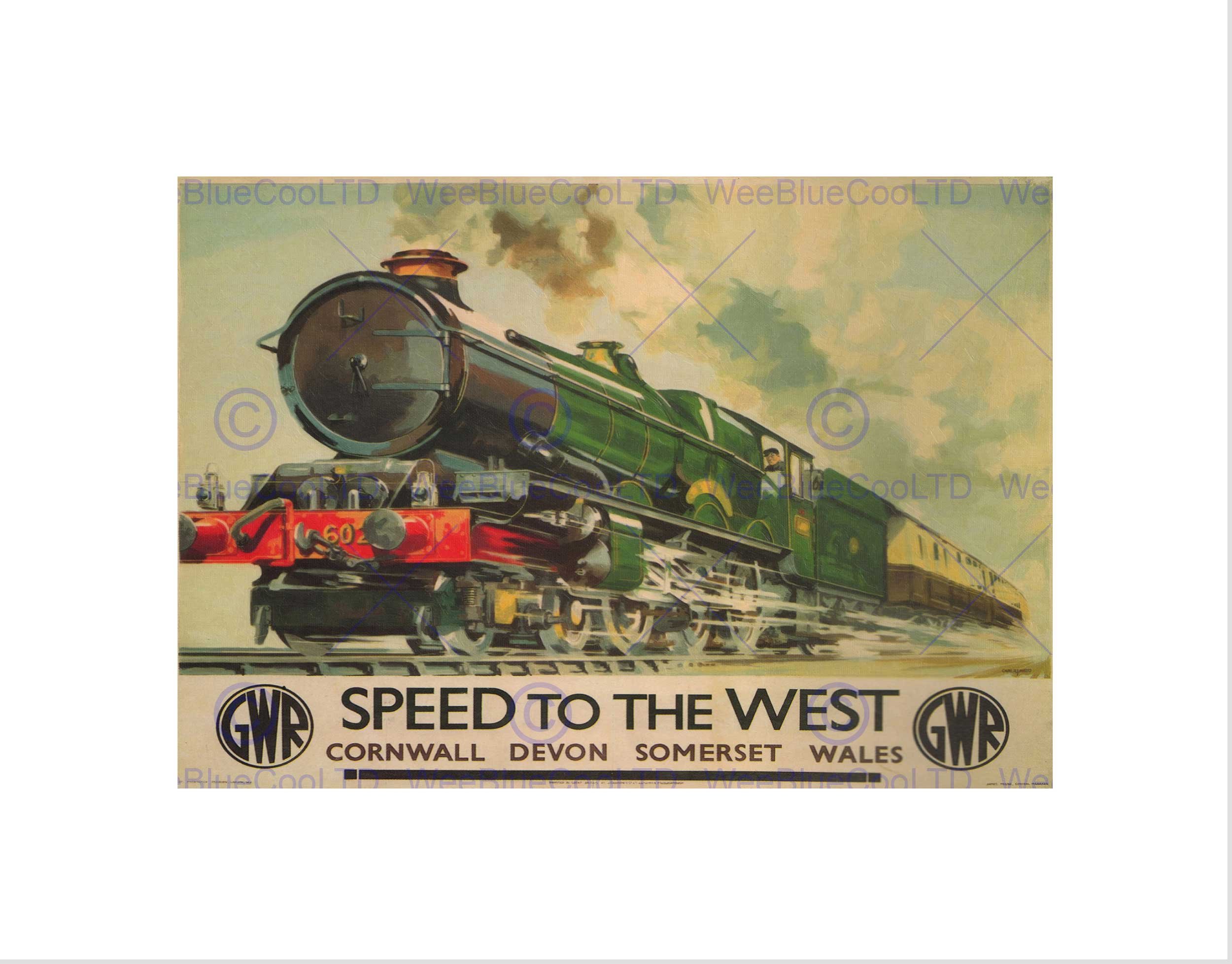 Wee Blue Coo Travel Gwr Railway Rail Train Steam Engine Cornwall Wales UK Wall Art Print