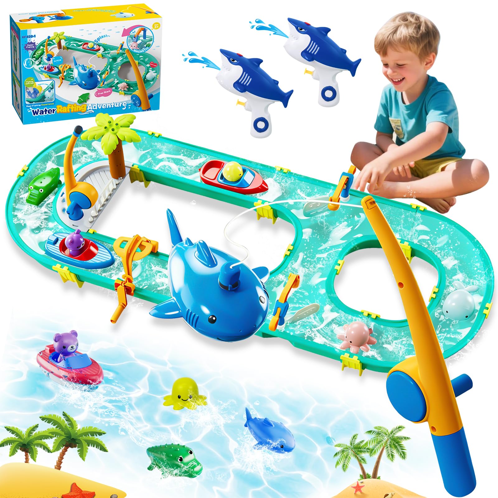 Joellfuner Pista de agua para niños al aire libre, set de juguete acuático 2 en 1 con botes, figuras de animales y pistolas de agua