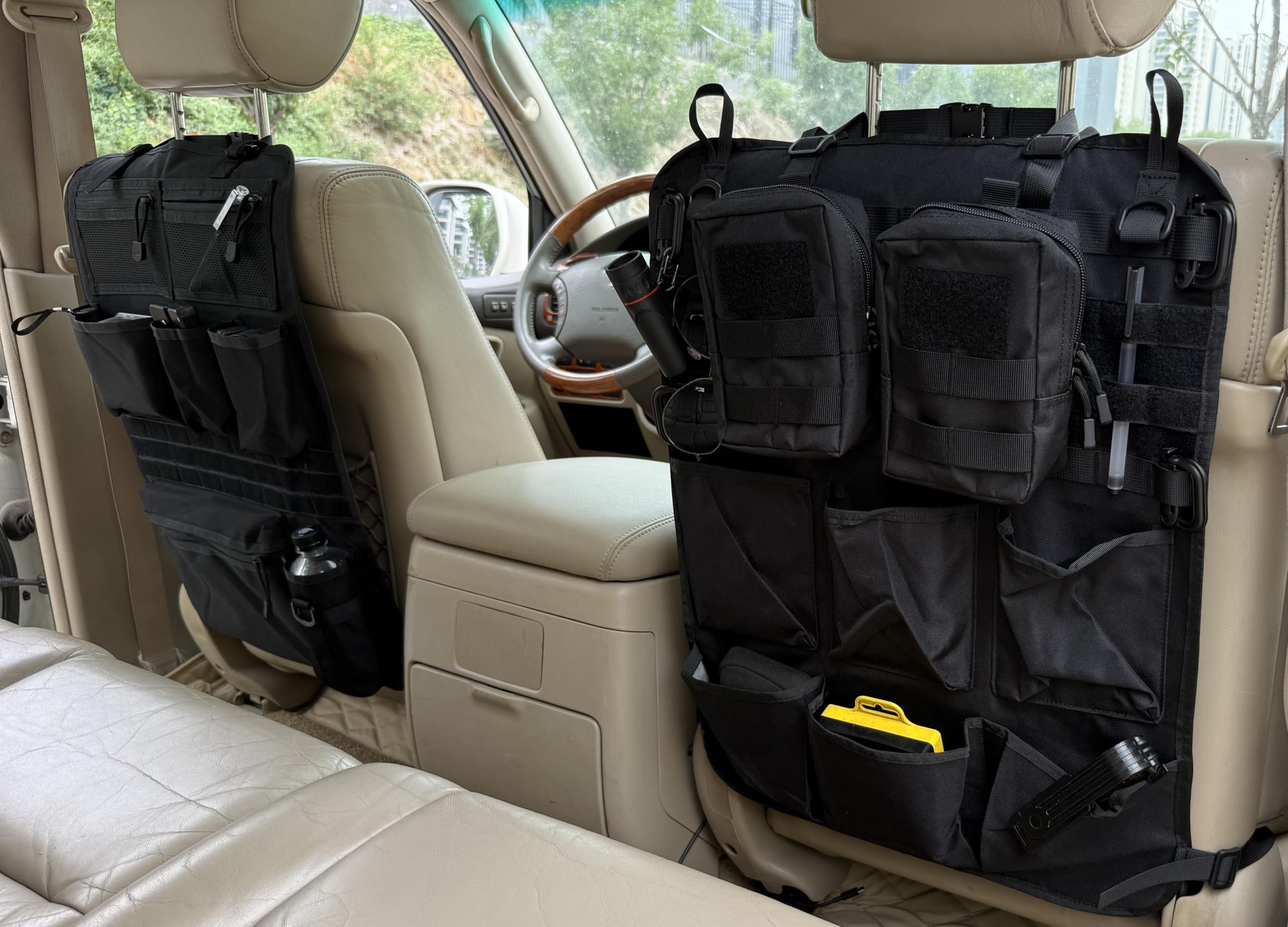Taktischer Autositz Organizer 42x62cm mit MOLLE-System, Netztaschen, Becherhalter - Schwarz