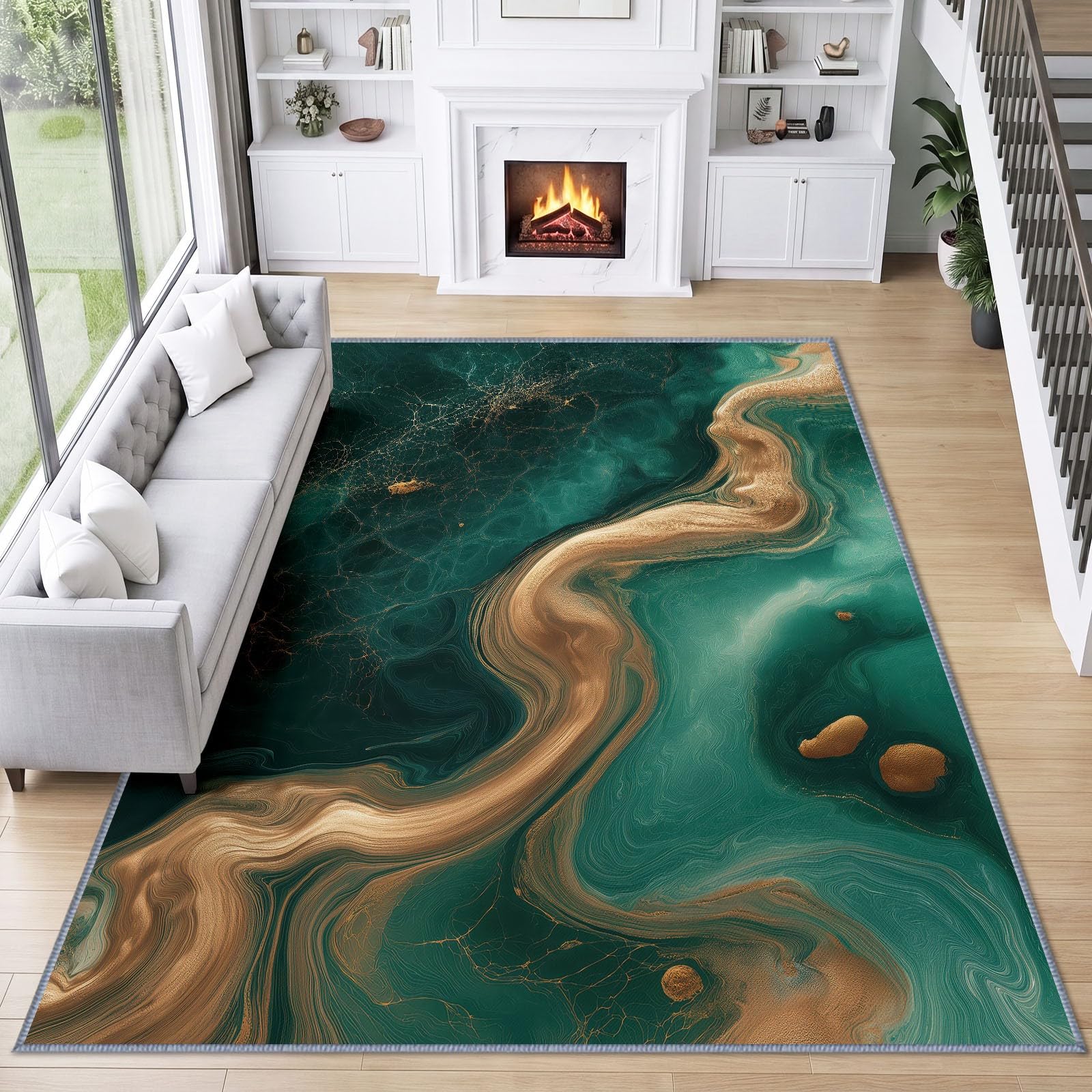 Générique Tapis Moderne Abstrait Fluide Doux Antidérapant 160 x 230 cm, Décoratif Poils Courts Vert et Or Marbre Vortex Élément Facile d'entretien pour Chambre Salon Salle à Manger