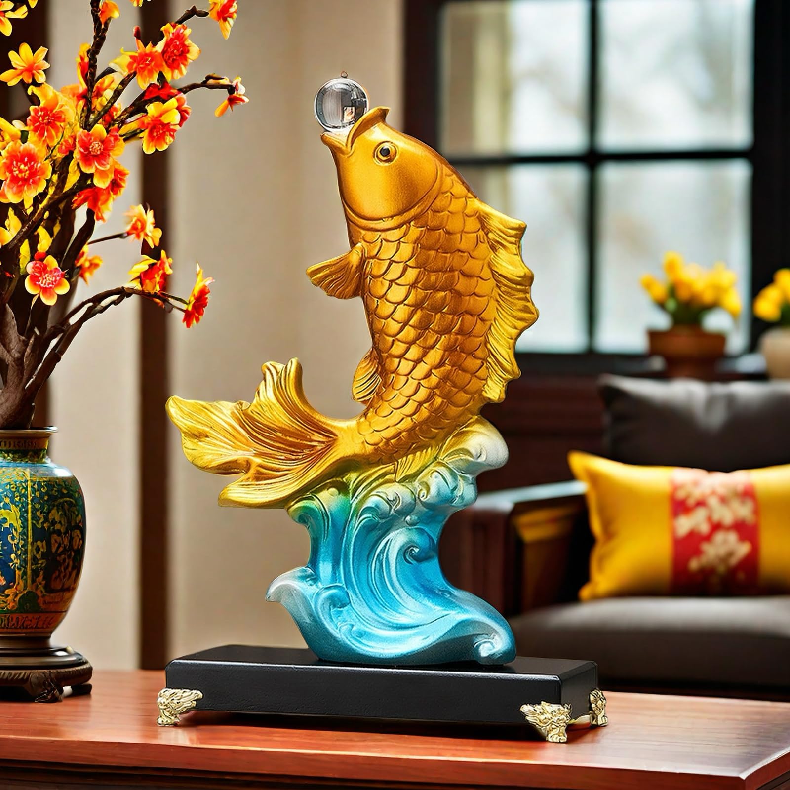 FUNSXBUG Große chinesische Feng Shui Fischstatue, Skulptur, Sammlerfigur, Feng Shui, Dekoration, Zuhause, Büro, Tischdekoration, Ornamente, Glücksgeschenke (Gold)
