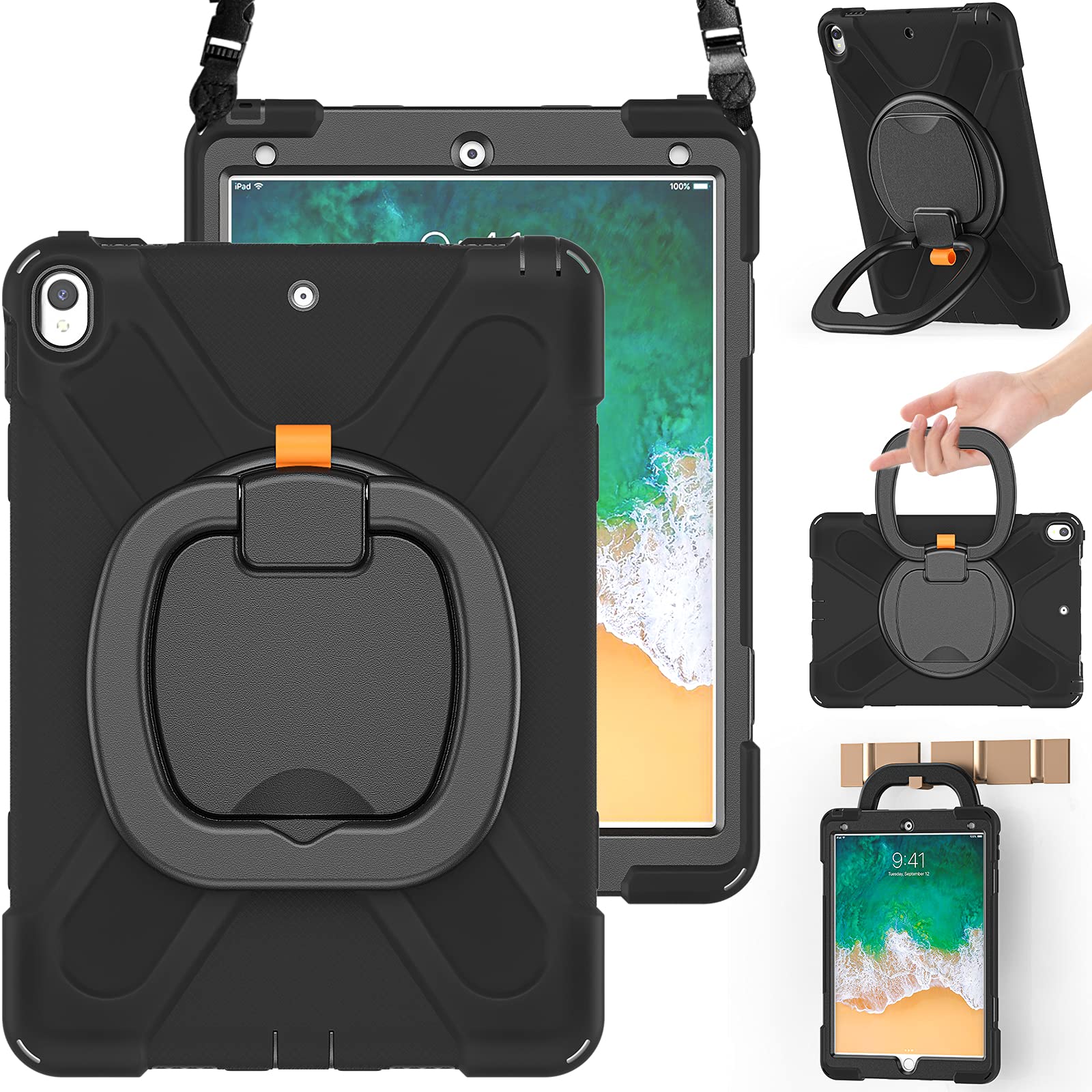 BRAECNCase for iPad Air 3 10.5 2019, iPad Pro 10.5 Case 2017- Heavy Duty Silicone Cover with Pencil Holder,Rotating Hand Grip,Carrying Shoulder Strap,Stable Kickstand Fit for iPad Air 3rd Gen-Black