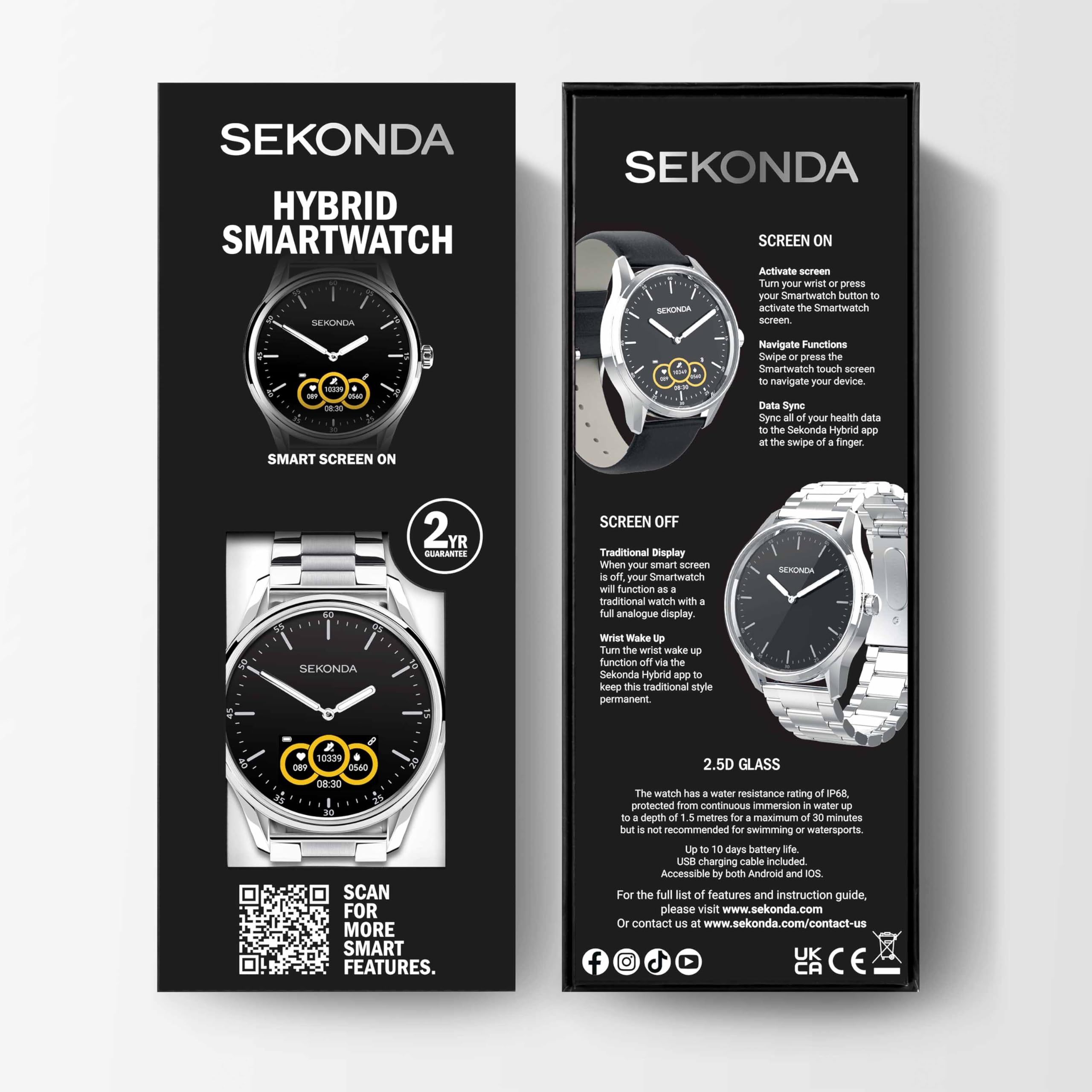 Sekonda SmartWatch híbrido, 45 mm, con correa, negro, 45 mm