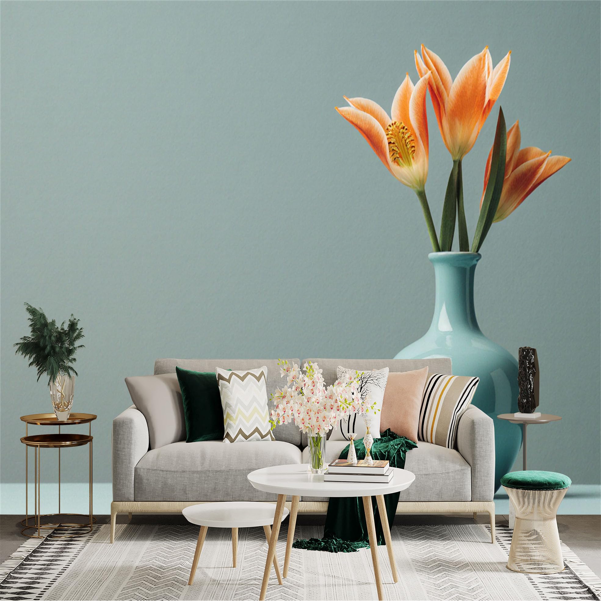 Custom Size Wall Sticker Mural， Orange Flowers in Light Blue Vase， Minimalist Still Life Floral Art， for wall Decoration， peelandstick wall Decals.