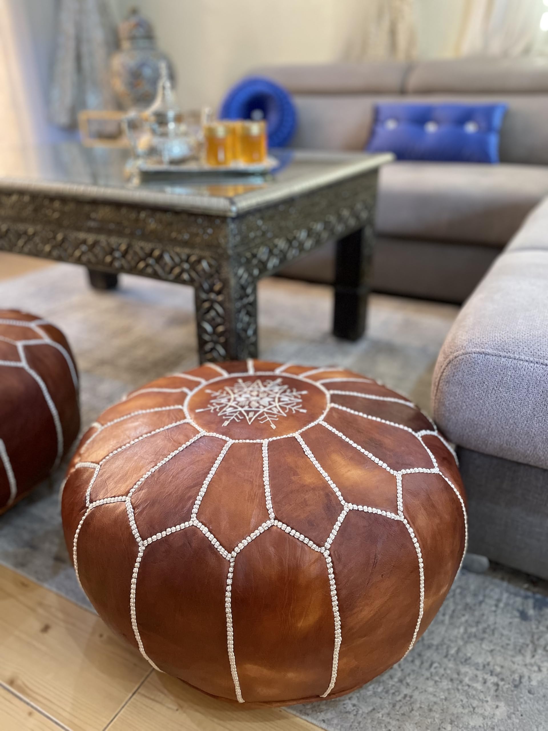 Fodera Per Pouf Marocchino In Vera Pelle Borgogna Con Ricamo, Fatto A Mano 50x32cm