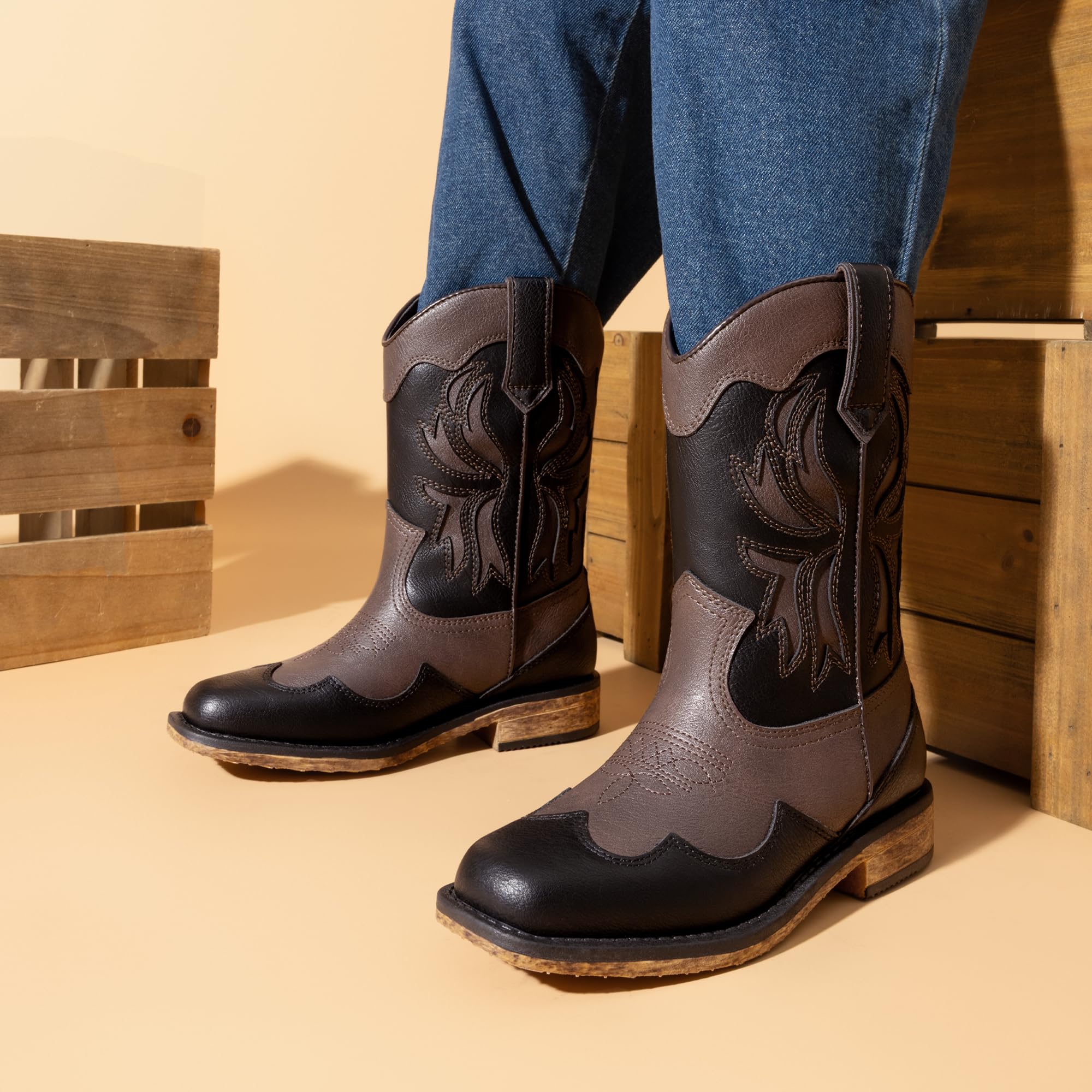 DREAM PAIRS Bottes de cowgirl pour filles et enfants - Bout carré - Mi-mollet - Chaussures d'équitation tendance occidentale pour tout-petit/petit enfant/grand enfant