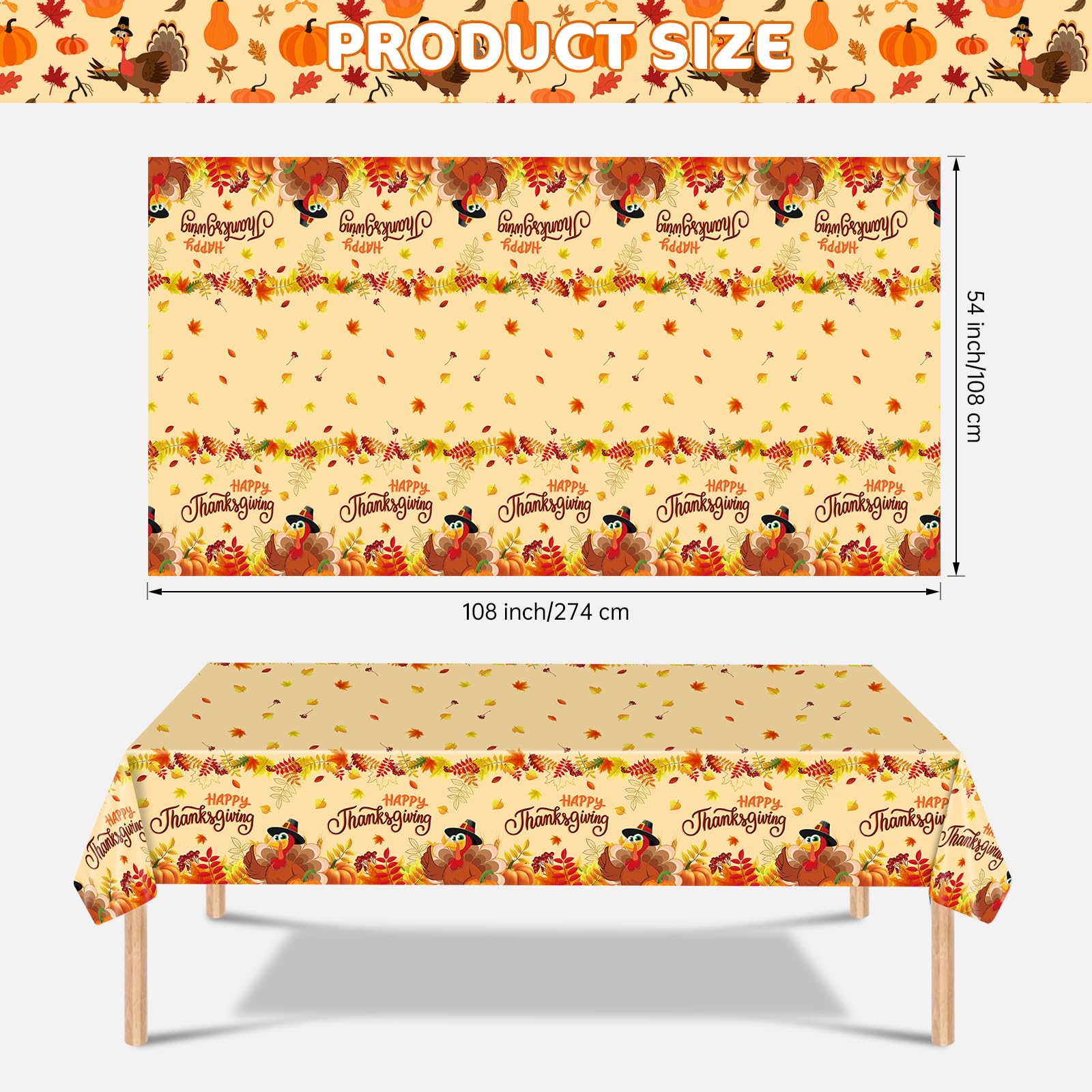 Thanksgiving Tablecloth 2-Pack - 51x86" Waterproof Plastic Turkey Pumpkin Table Cover